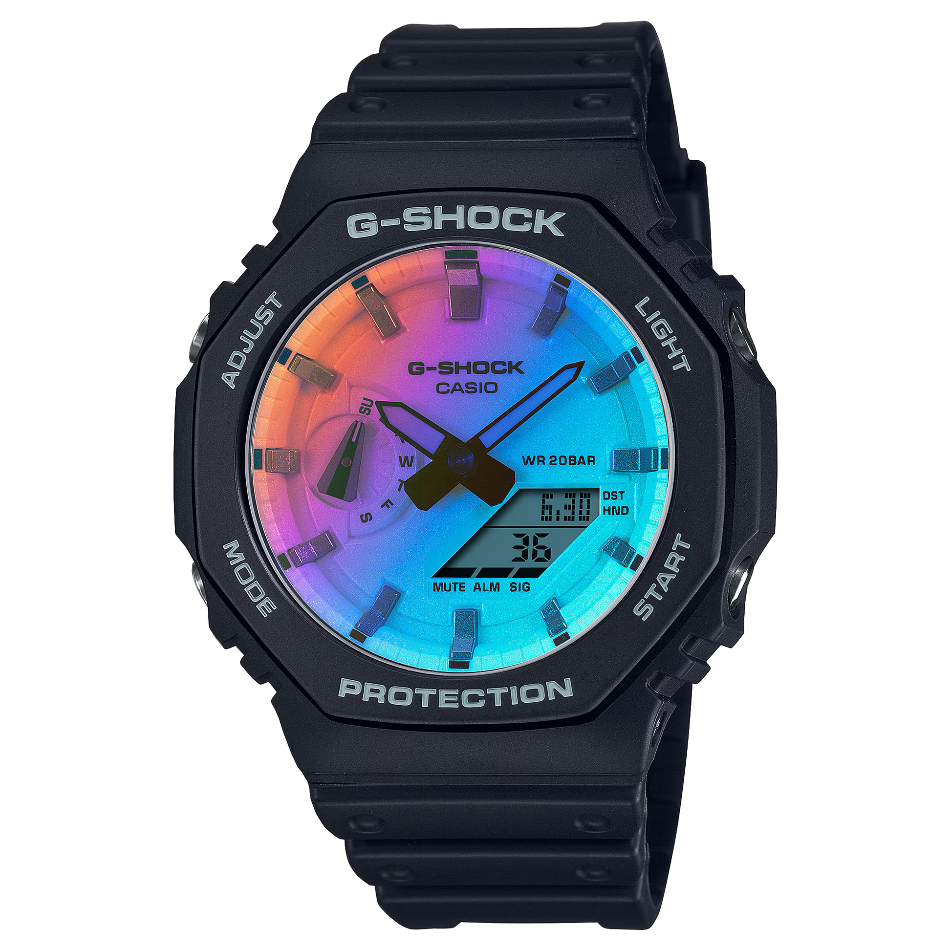 Casio G-SHOCK GA-2100SR-1A watch with octagonal Carbon Core Guard case, full-surface rainbow iridescent mineral glass crystal, black resin band, shock-resistant build, 200m water resistance, double LED Super Illuminator, and lightweight 51 g design.