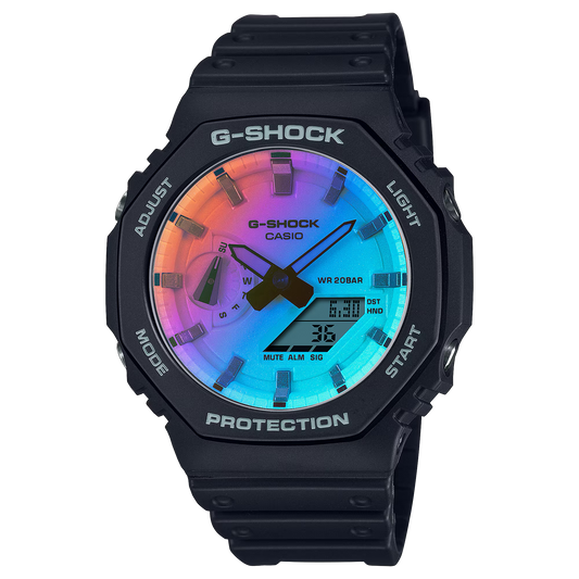 Casio G-SHOCK GA-2100SR-1A watch with octagonal Carbon Core Guard case, full-surface rainbow iridescent mineral glass crystal, black resin band, shock-resistant build, 200m water resistance, double LED Super Illuminator, and lightweight 51 g design.