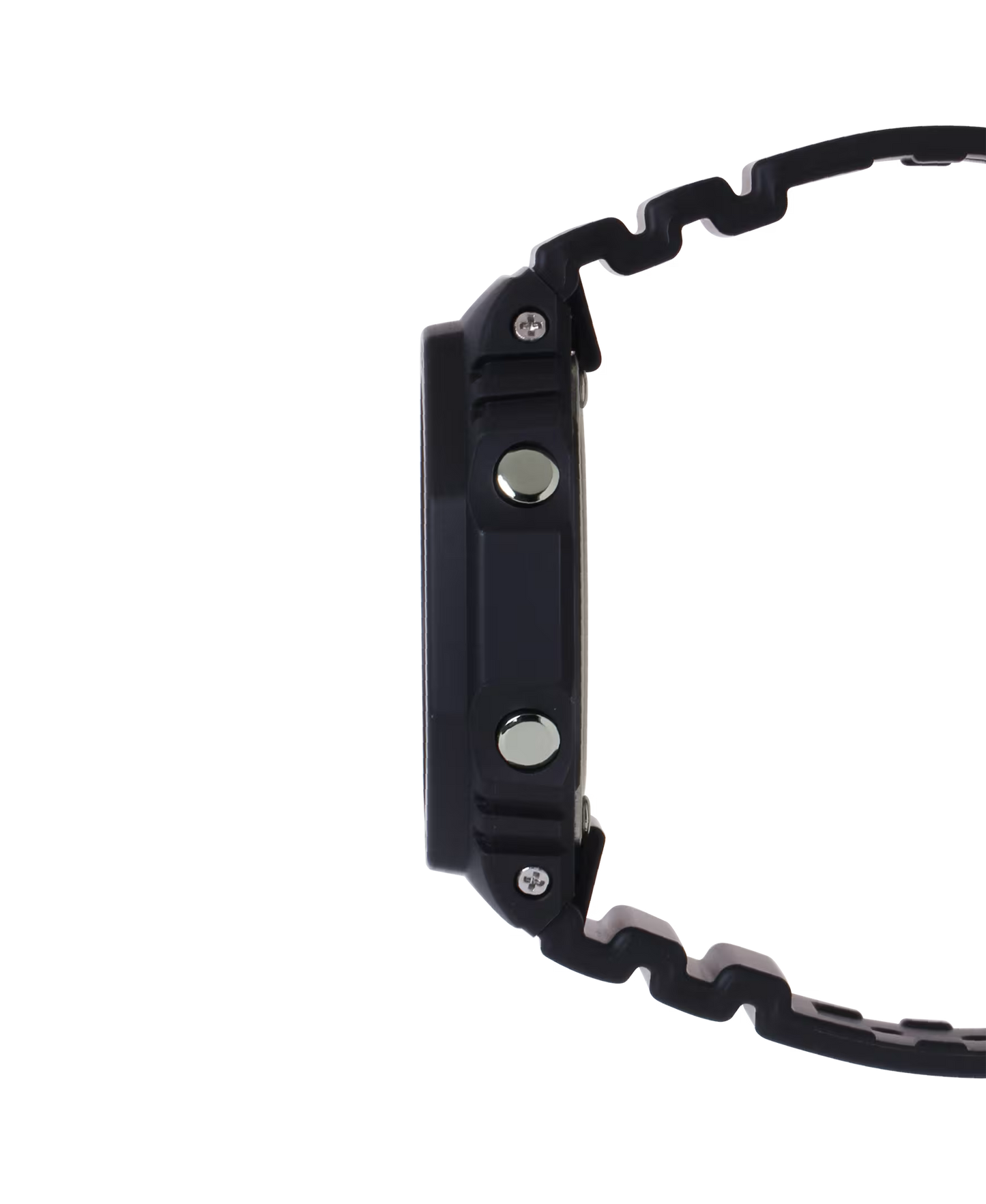 Close-up of a black metal carabiner on a white background