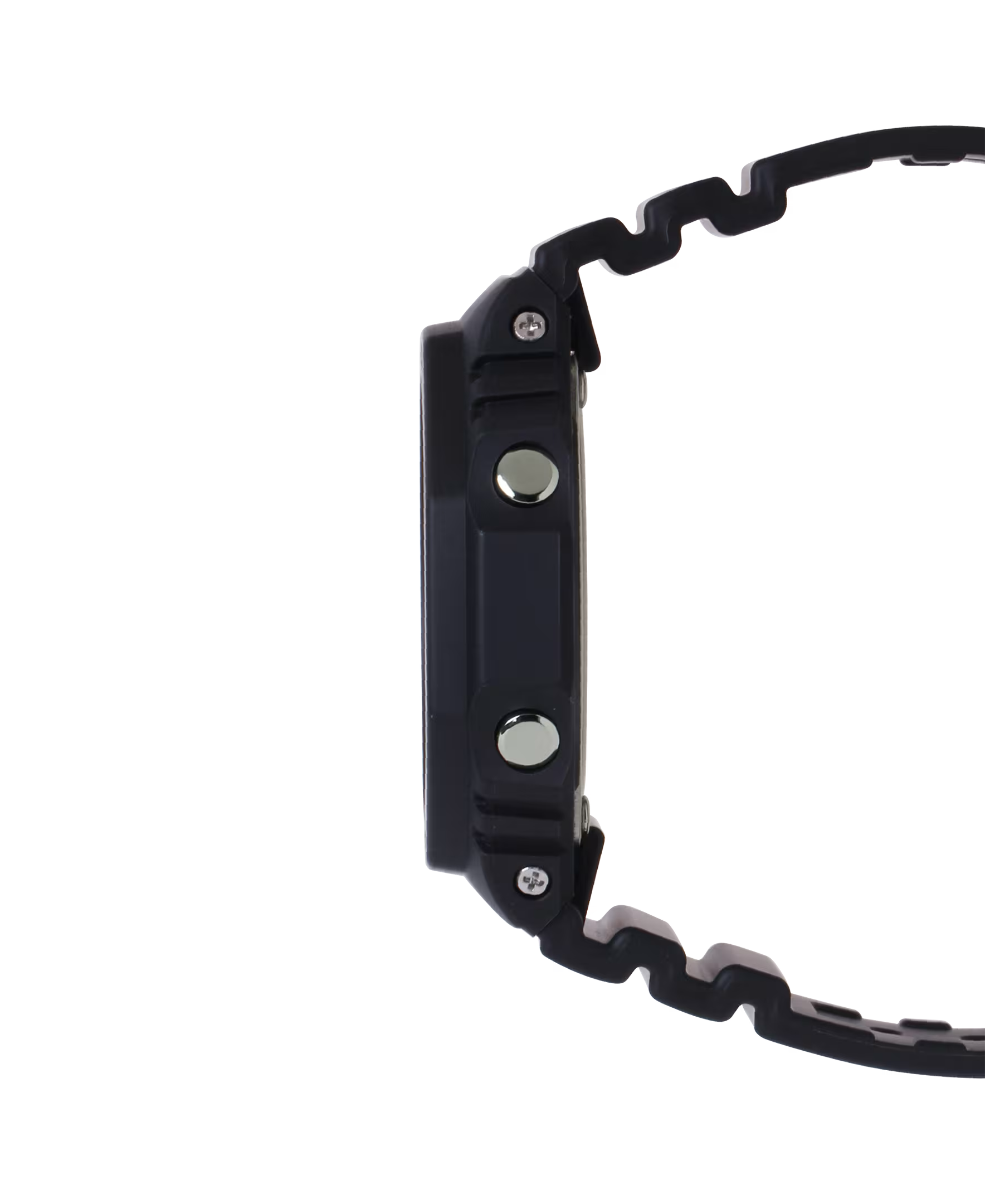 Close-up of a black metal carabiner on a white background