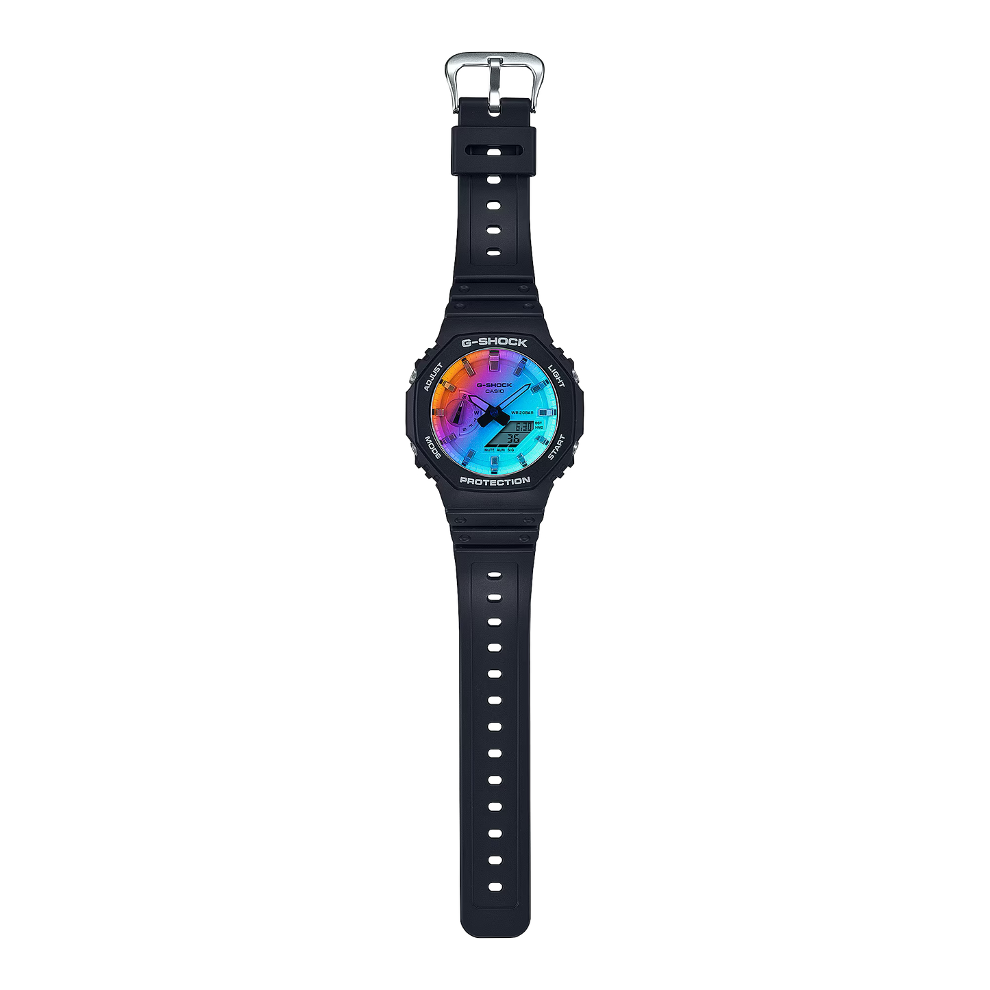 Black G-Shock watch with a colorful face on a white background