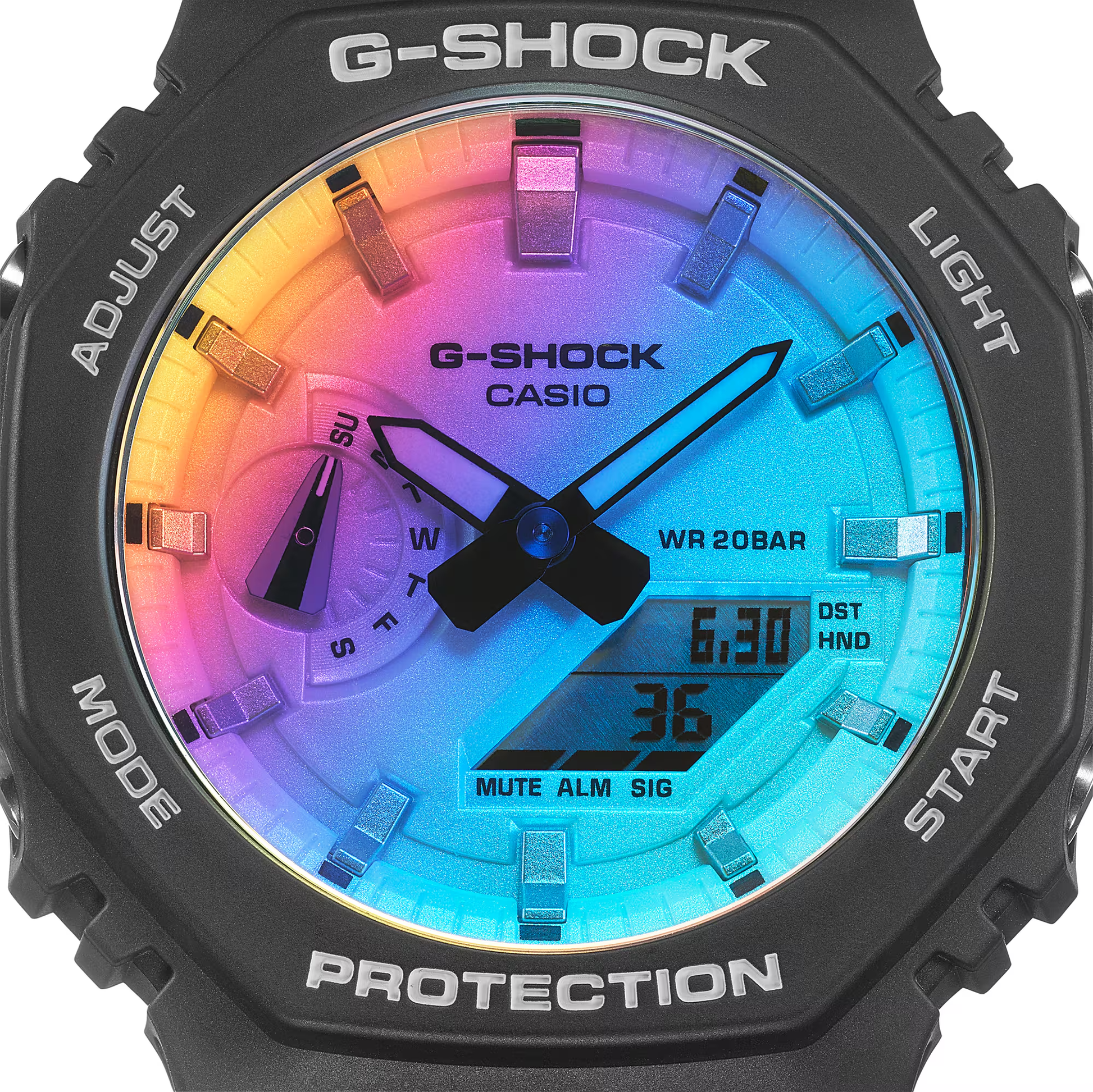 G-Shock Casio watch with a colorful face on a white background