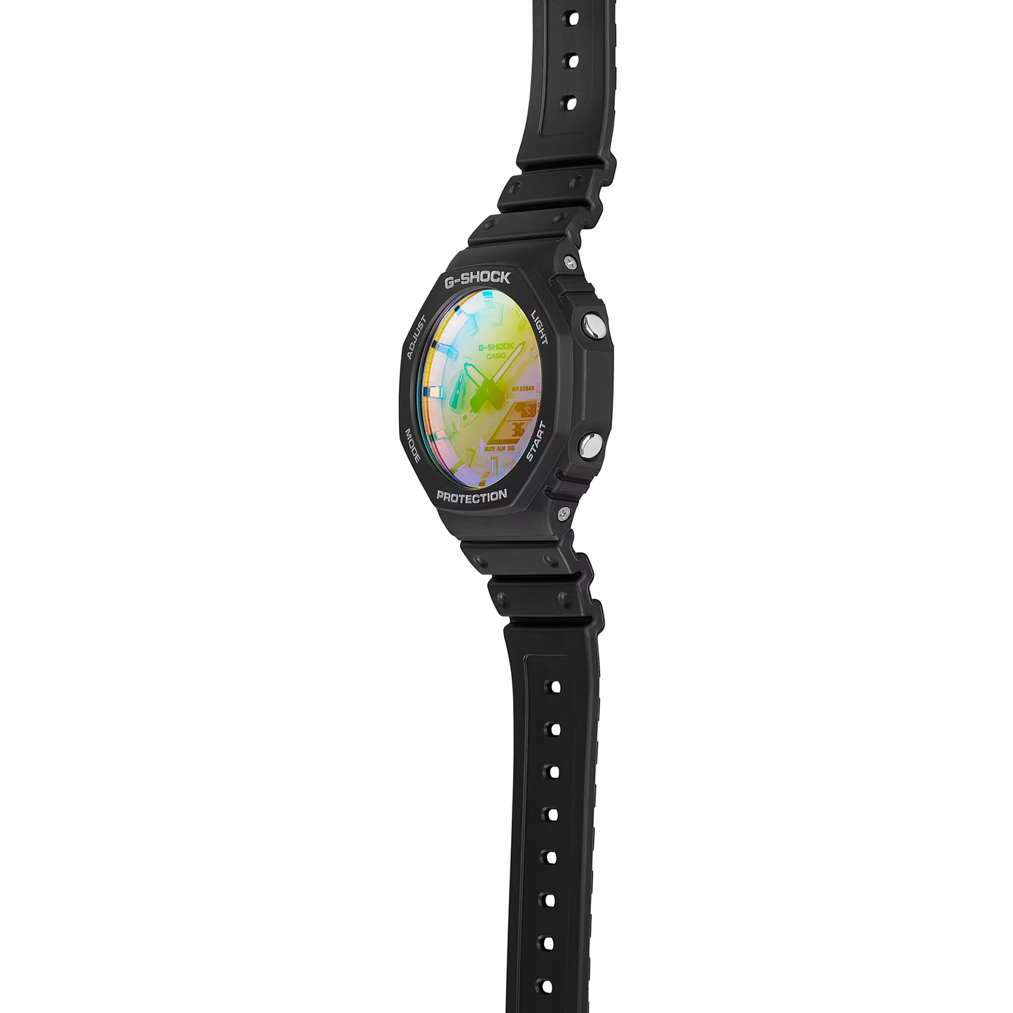 Black Casio G-Shock watch with colorful display on a white background