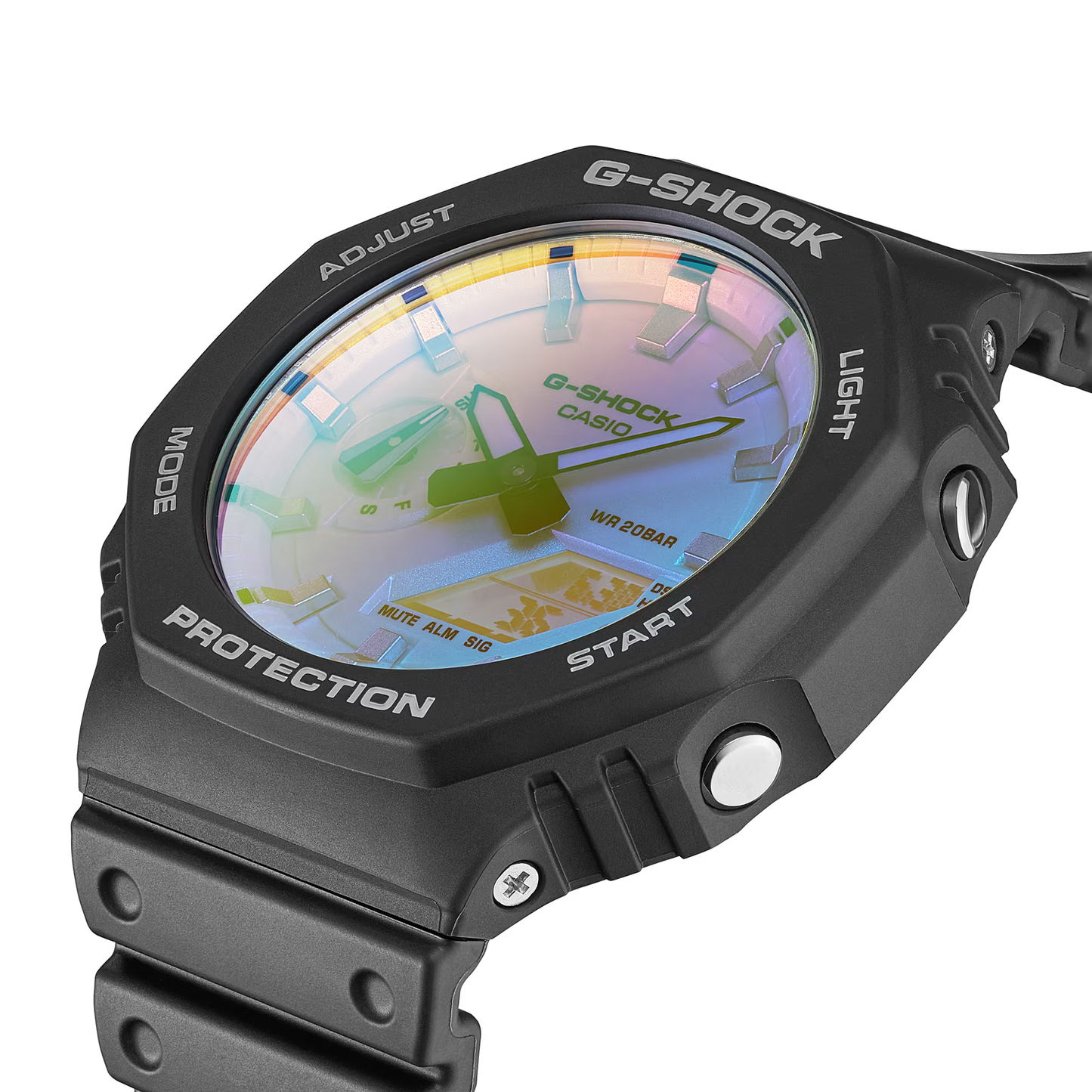 G-Shock watch with colorful display on a white background