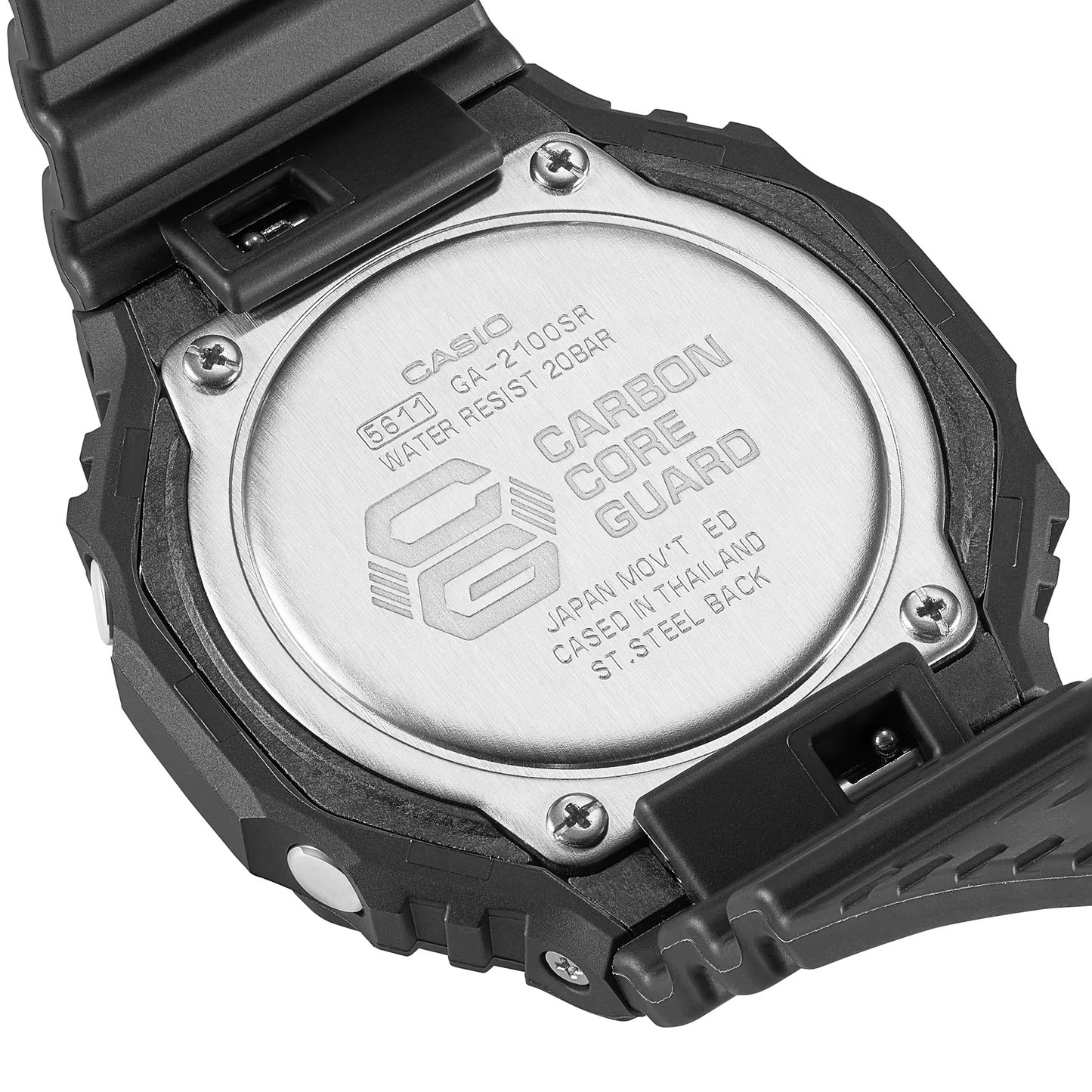 Back view of a Casio watch with 'Carbon Core Guard' text on a white background