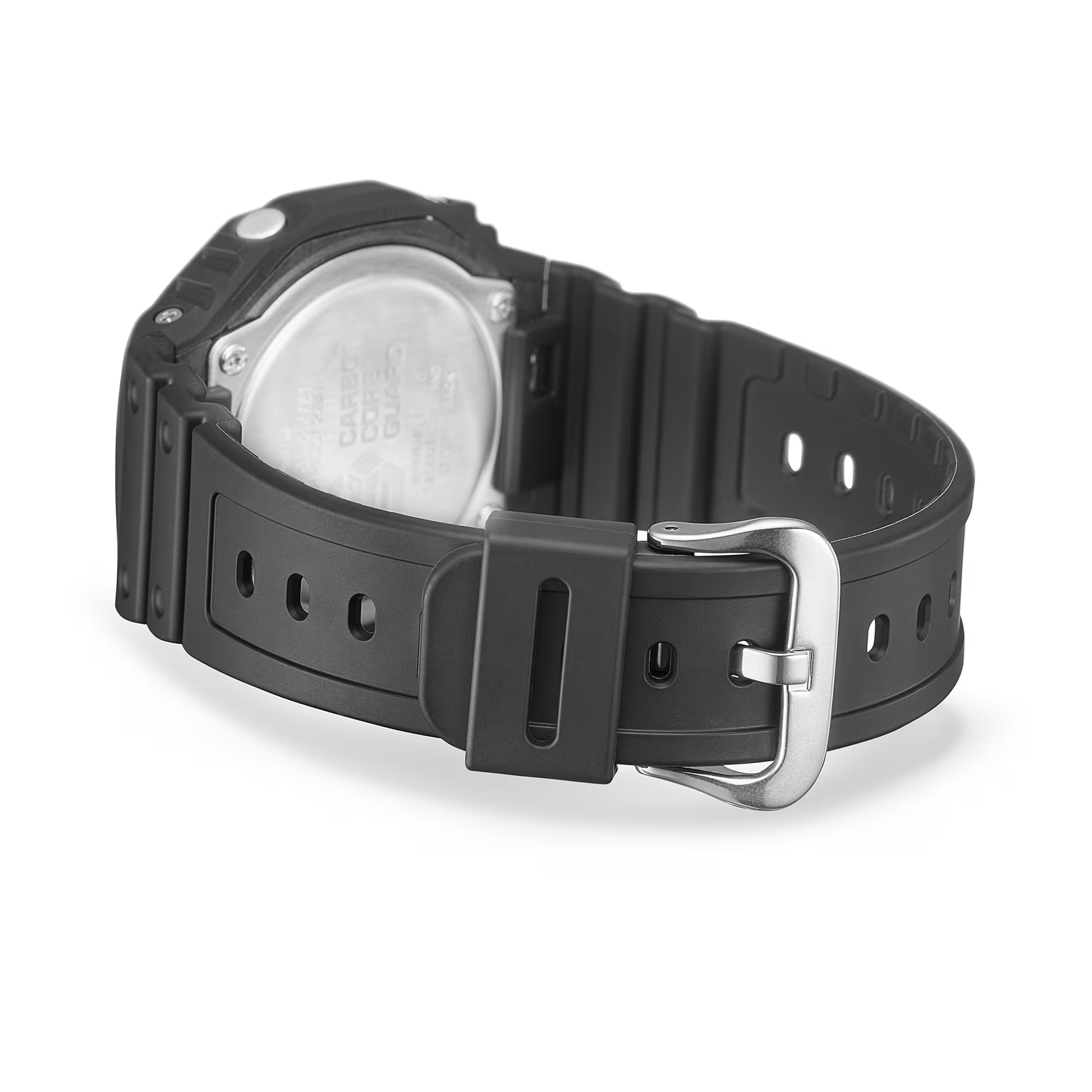 Black wristwatch with a silver buckle on a white background