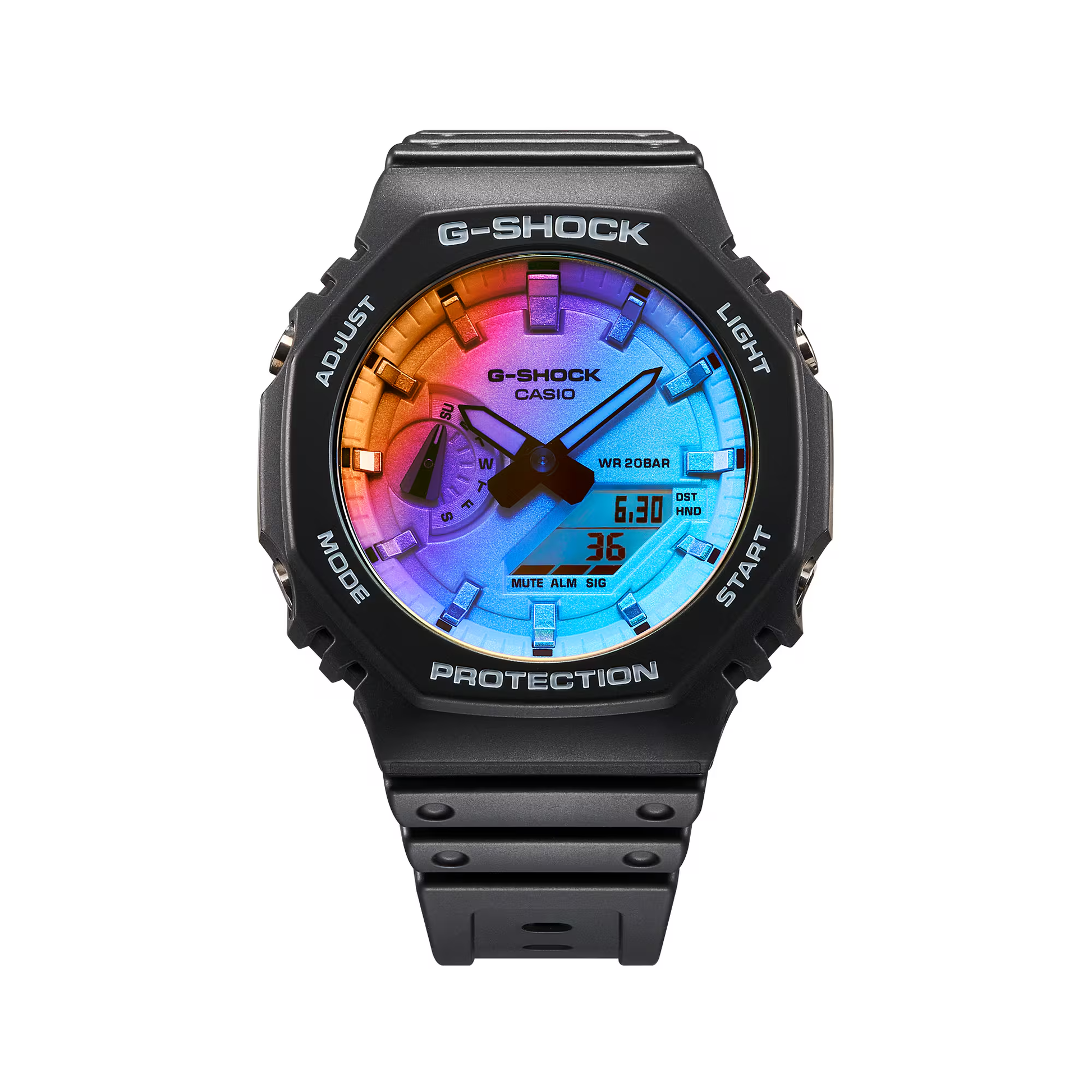G-Shock watch with a colorful face on a white background
