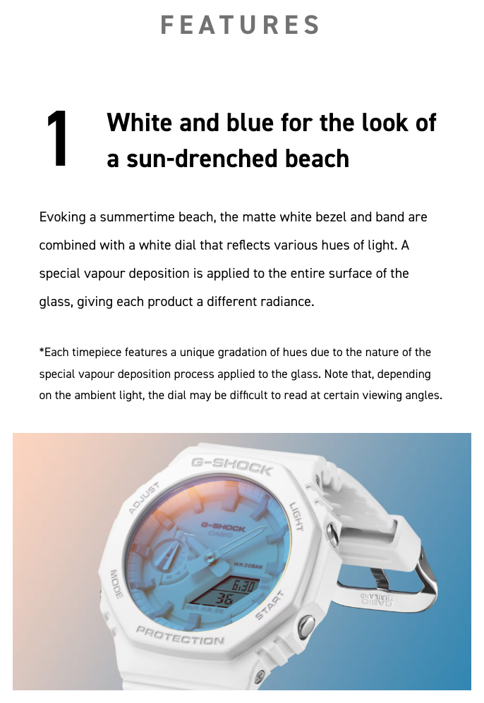 White and blue G-Shock watch with text about its design features.