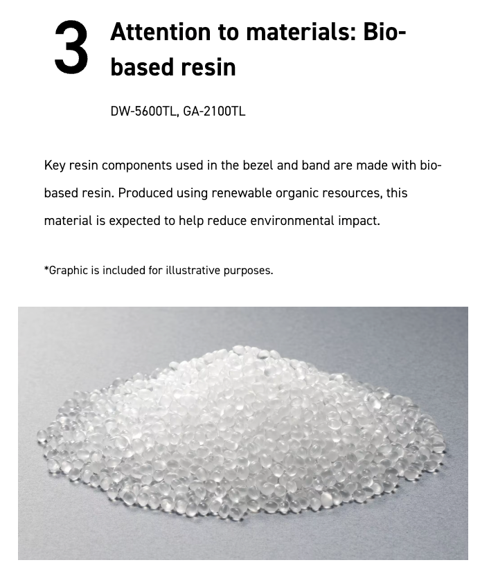 Bio-based resin on a gray background with text about its use in watch components.