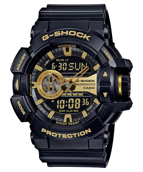 G-SHOCK GA-400GB-1A9 analog-digital watch with a bold black and gold colorway, oversized case, large rotary switch control, street-inspired design, and shock-resistant construction.