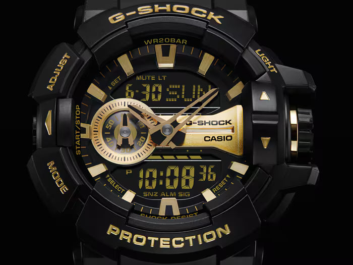 G-Shock watch with black and gold design on a dark background