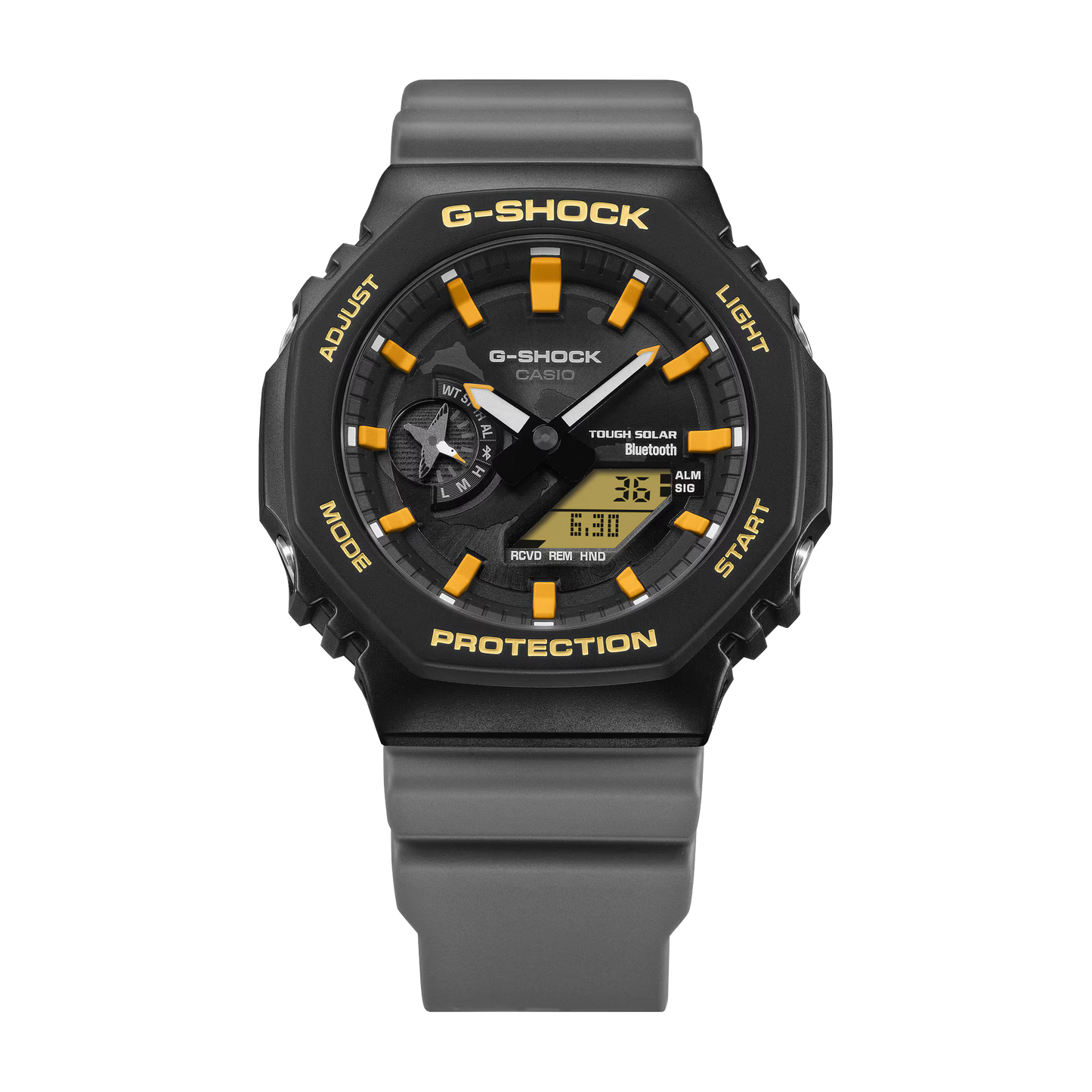 G-Shock watch with black and gray strap on a white background