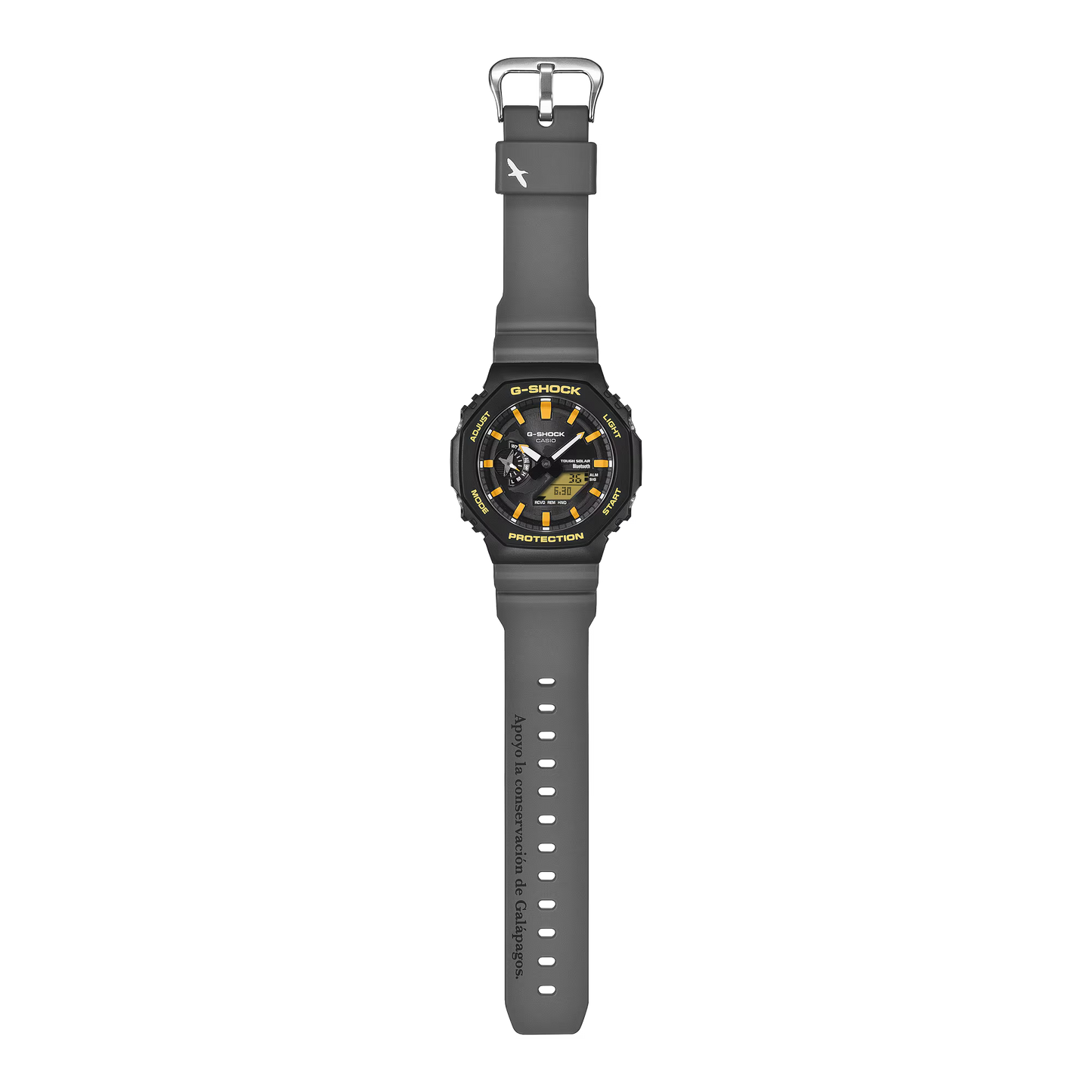 Black Casio G-Shock watch with yellow accents on a white background