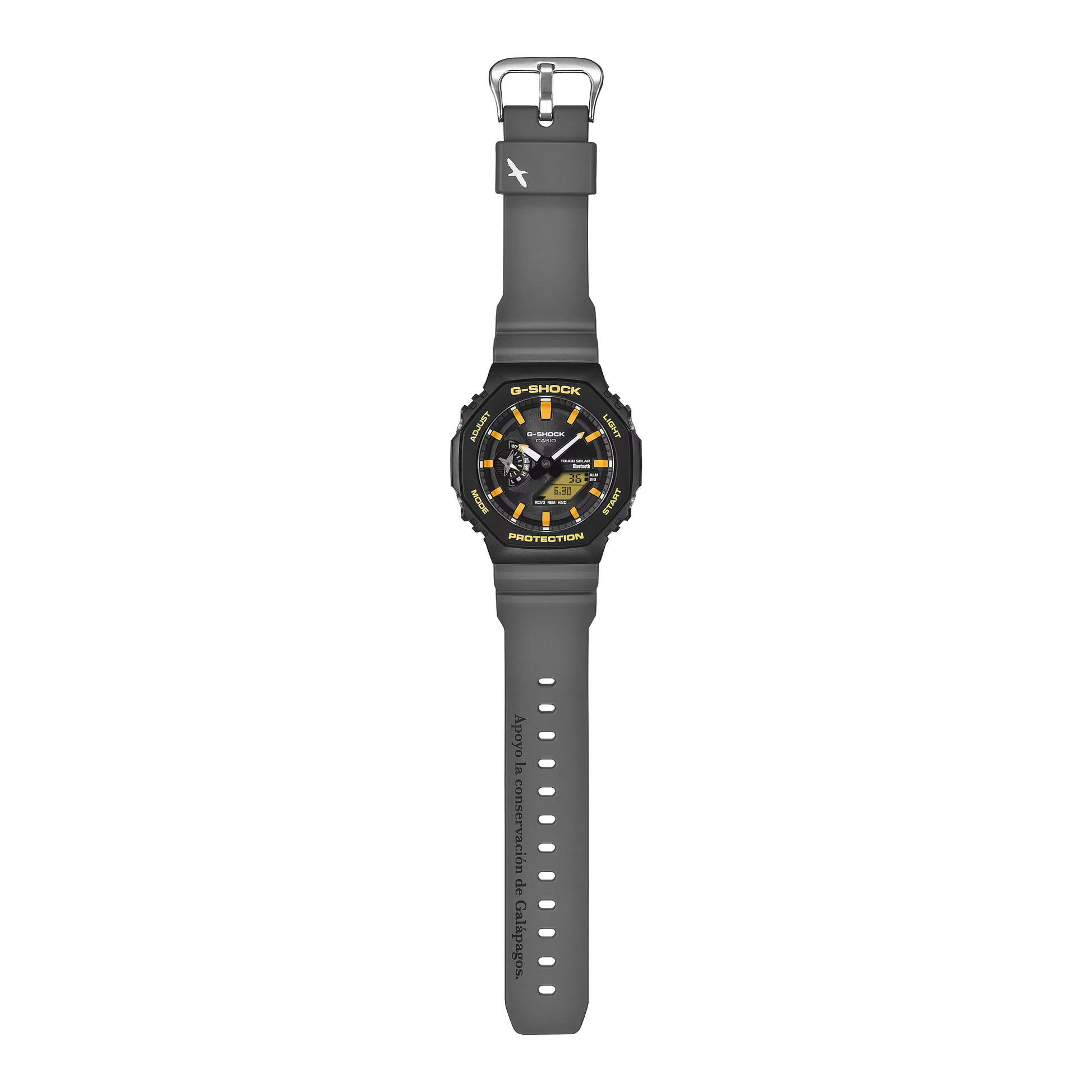 Black Casio G-Shock watch with yellow accents on a white background