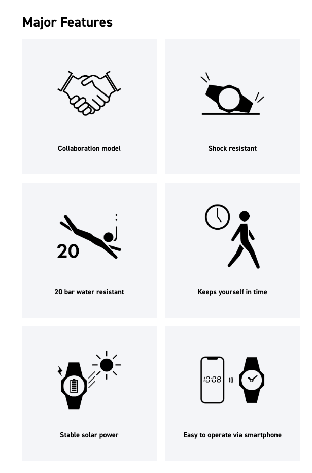 List of major features of a product with icons and text on a white background