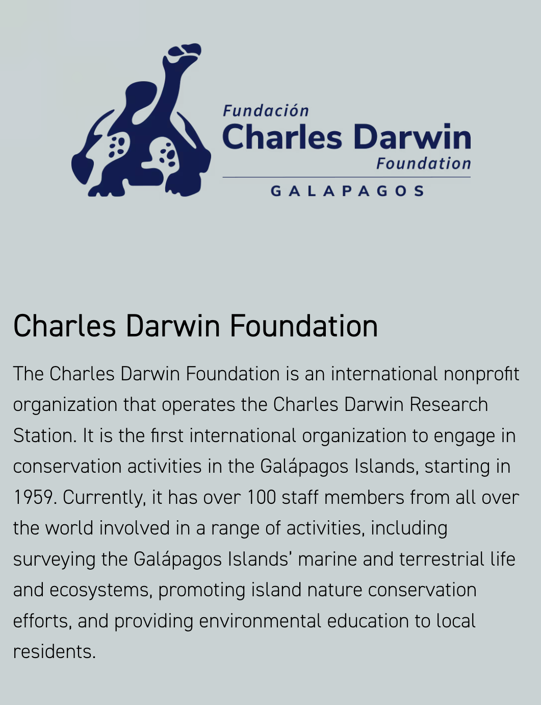 Charles Darwin Foundation logo on a light blue background with text about the organization.