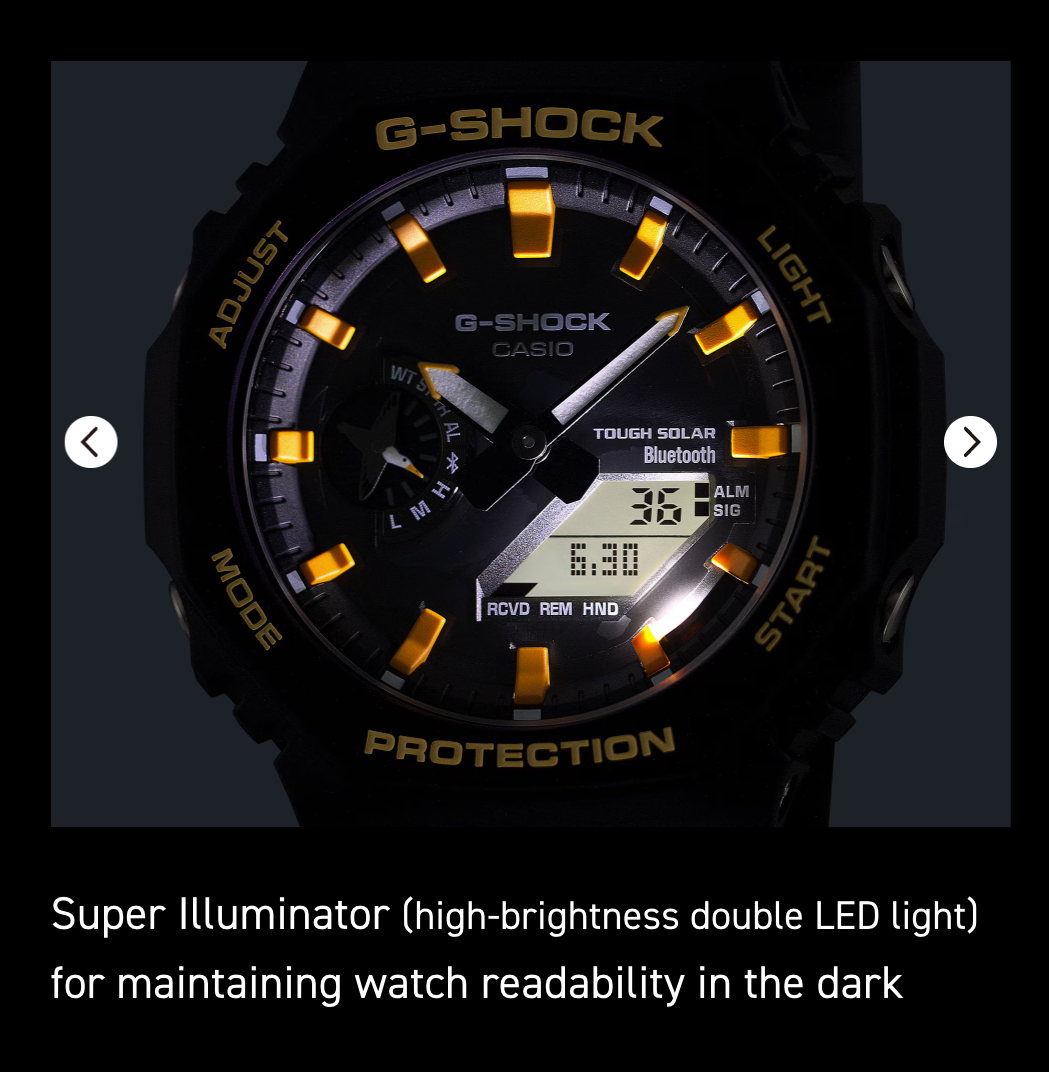 G-Shock watch with black and orange design on a dark background