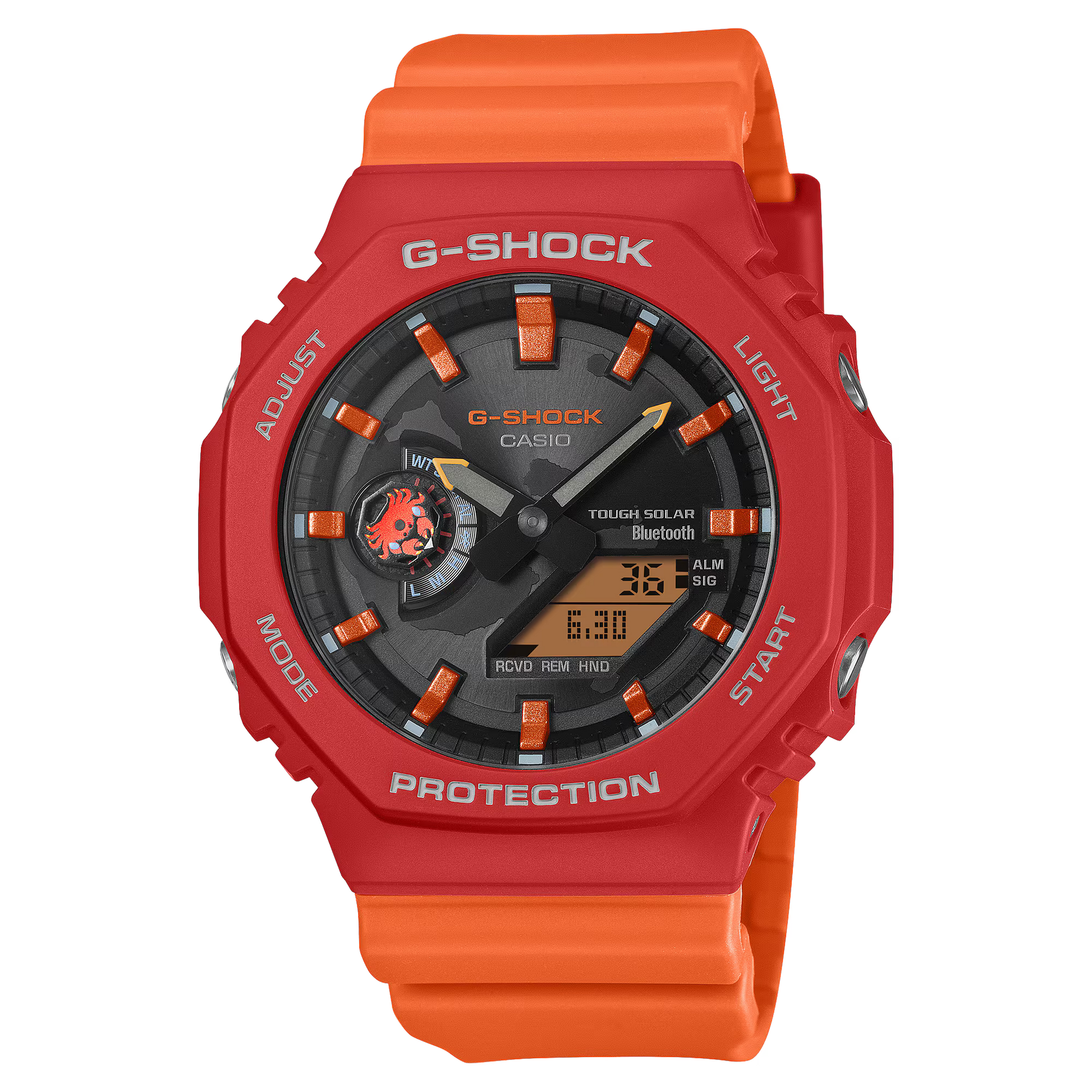 Casio G-SHOCK GA-B2100DF-4A Charles Darwin Foundation collaboration model – inspired by the Sally Lightfoot Crab with vivid red/orange colors, bio-based resin, Tough Solar, Bluetooth Smartphone Link, and Galápagos-themed design details.