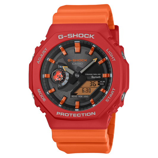 Casio G-SHOCK GA-B2100DF-4A Charles Darwin Foundation collaboration model – inspired by the Sally Lightfoot Crab with vivid red/orange colors, bio-based resin, Tough Solar, Bluetooth Smartphone Link, and Galápagos-themed design details.