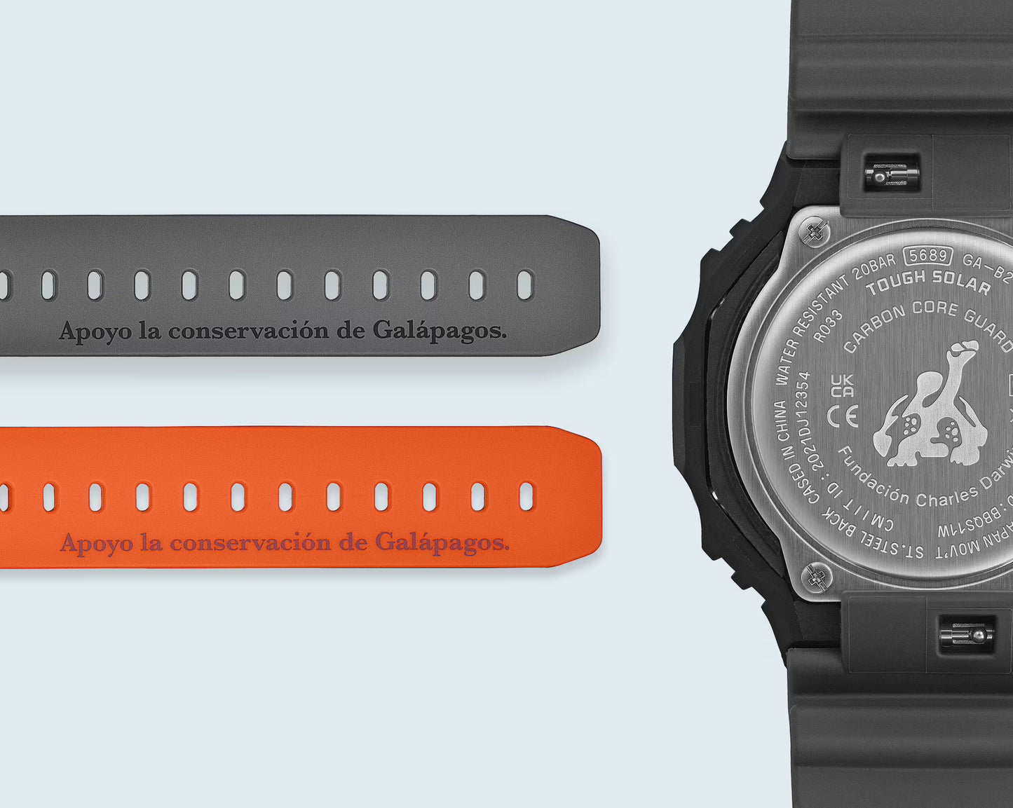 Wristwatch with gray and orange bands on a light blue background