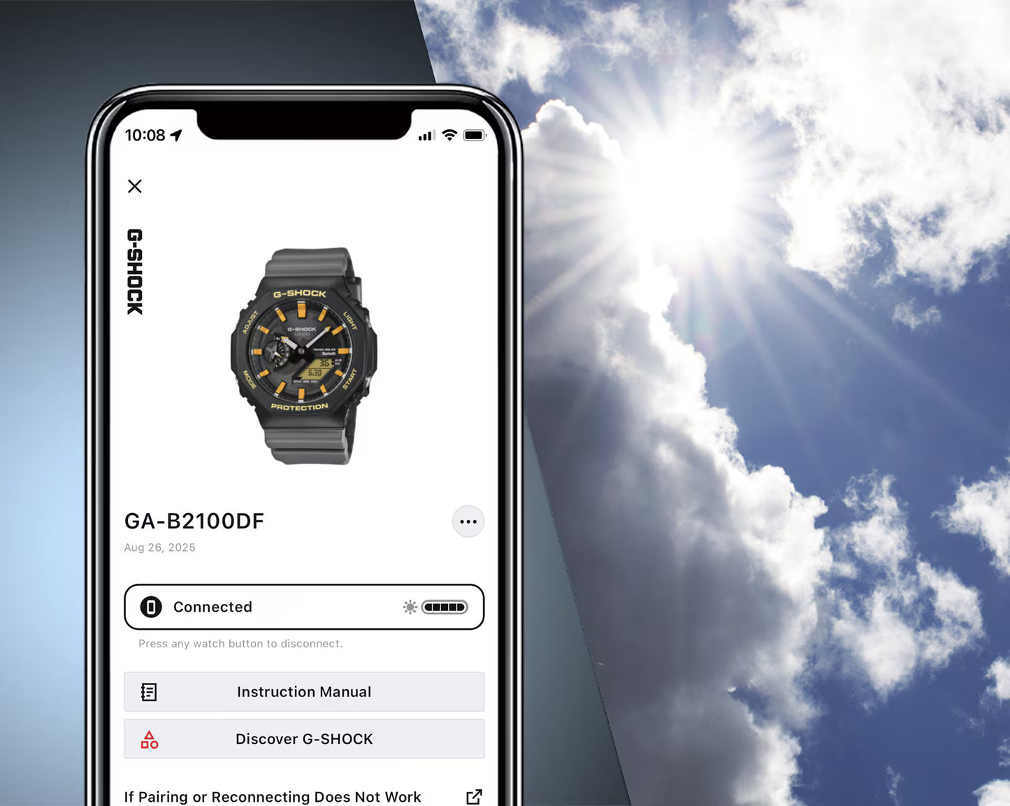 Smartphone displaying a G-Shock watch app with a sky background