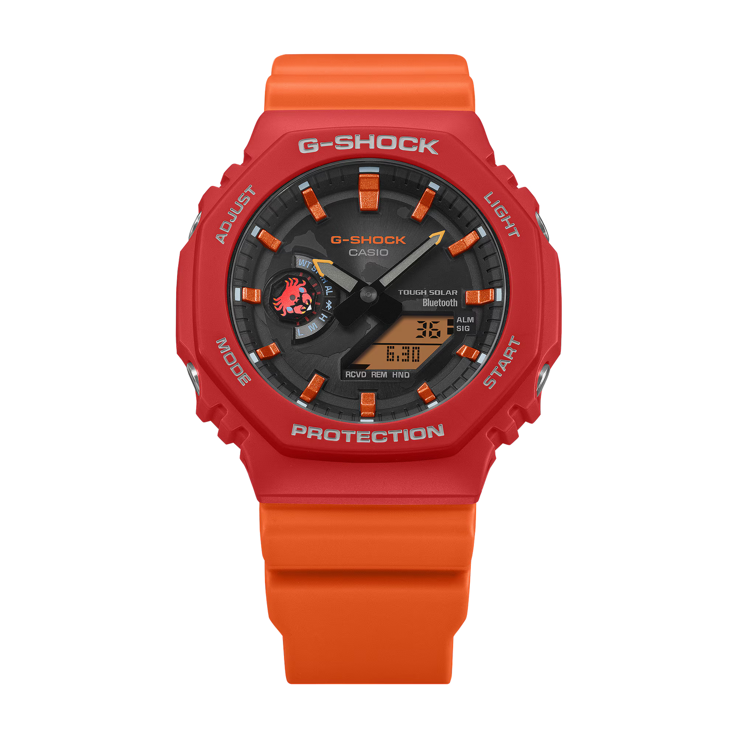 Red and orange Casio G-Shock watch on a white background