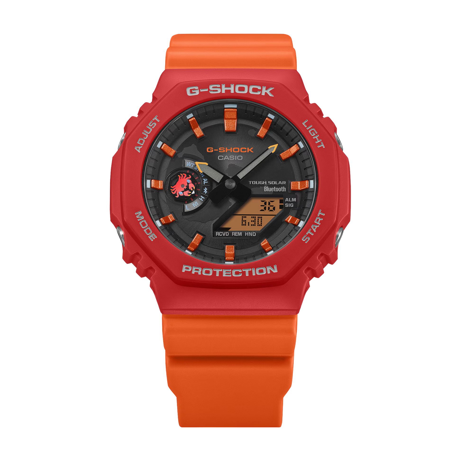 Red and orange Casio G-Shock watch on a white background