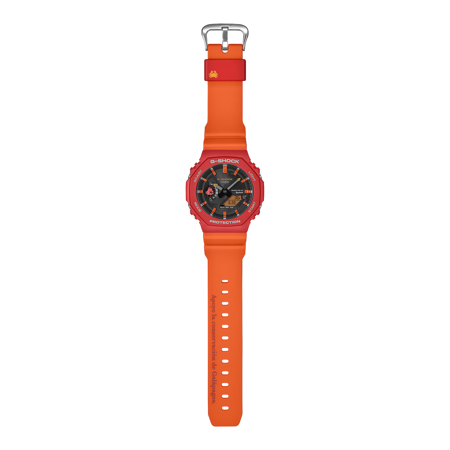 Orange G-Shock watch with a clear background
