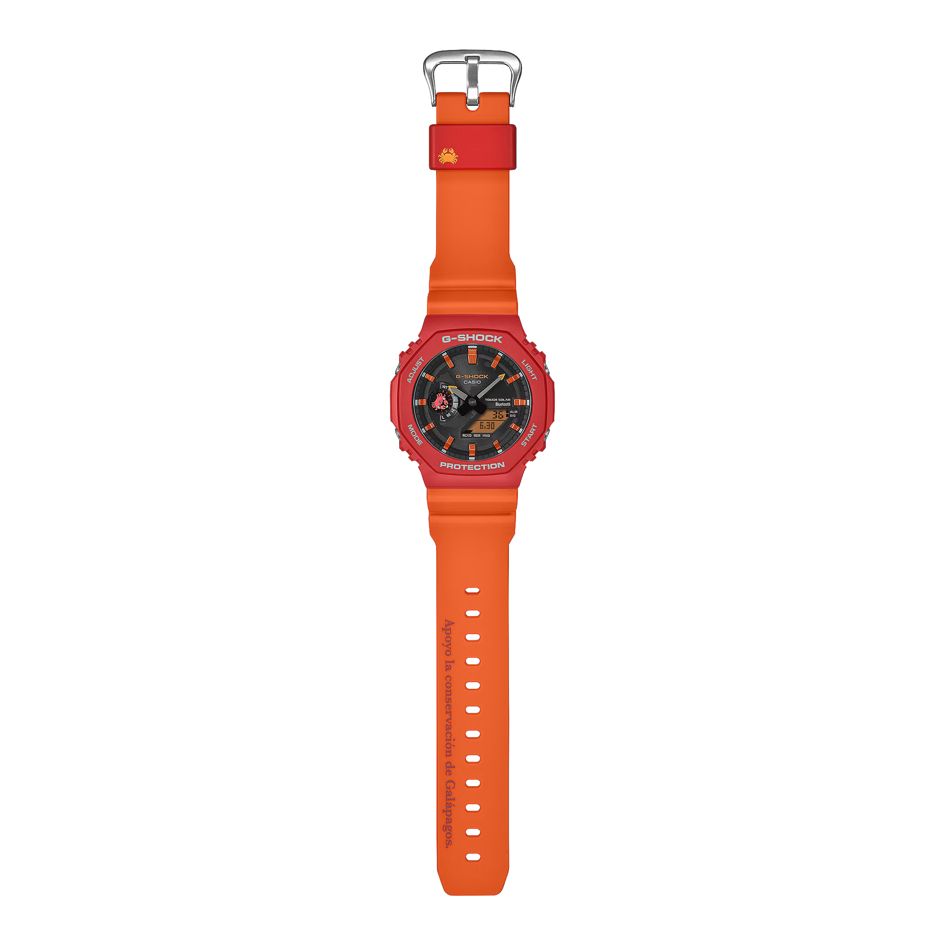 Orange G-Shock watch with a clear background
