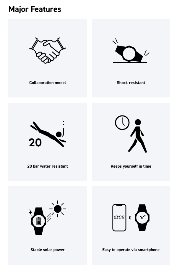 List of major features with icons and text on a white background