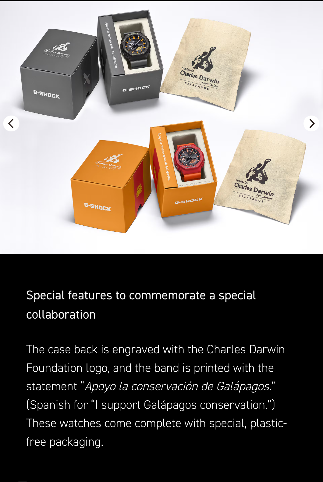 Watches in branded boxes with Charles Darwin Foundation packaging on a white background