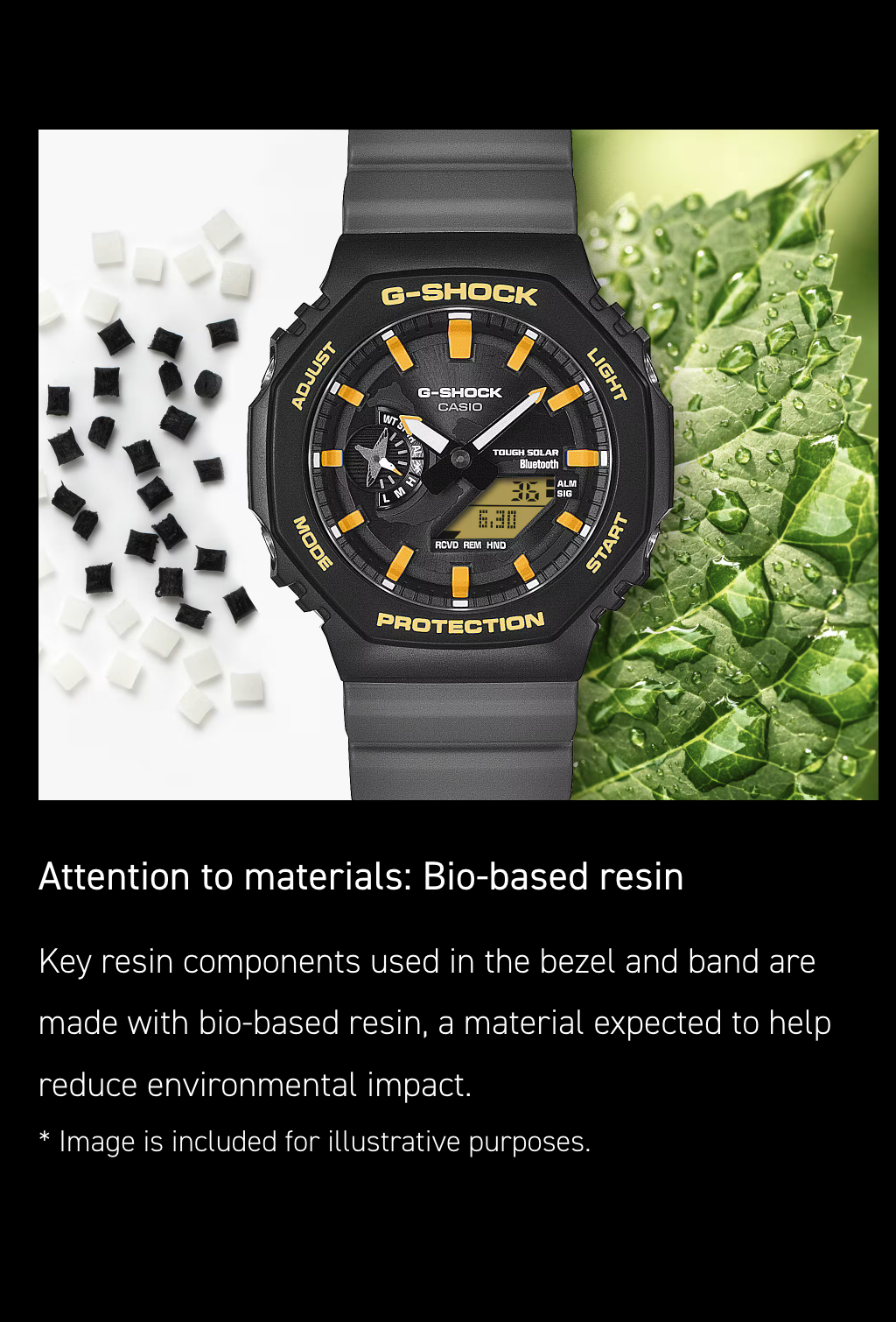 G-Shock watch with bio-based resin components on a white background