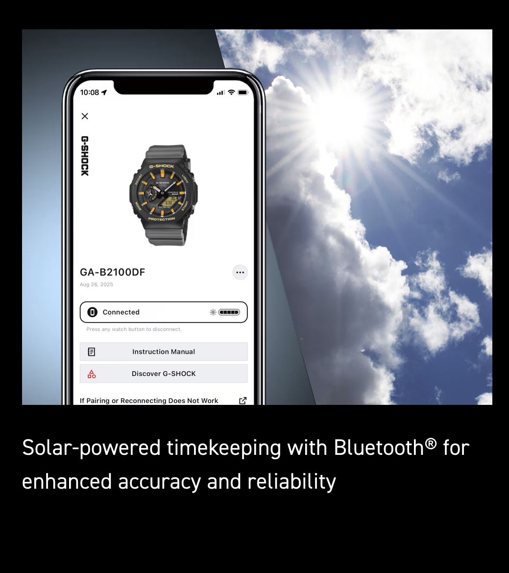 Smartphone displaying a G-SHOCK watch app with a blue sky and sun in the background