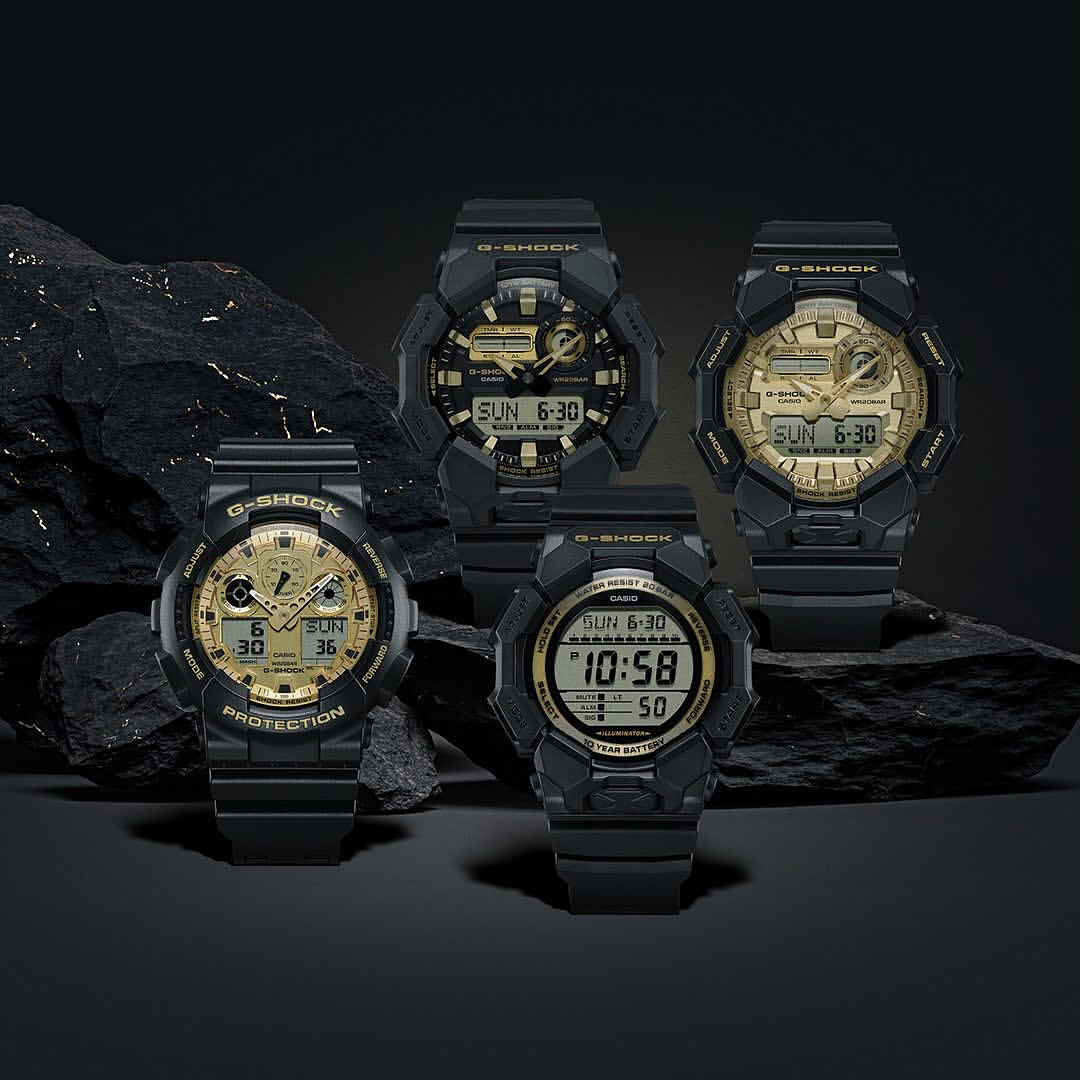 Casio G-SHOCK GA010GB-1A9 – bold black-and-gold analog-digital watch with carbon core guard, bio-based resin case and band, 200m water resistance, 10-year battery, and Super Illuminator LED light.
