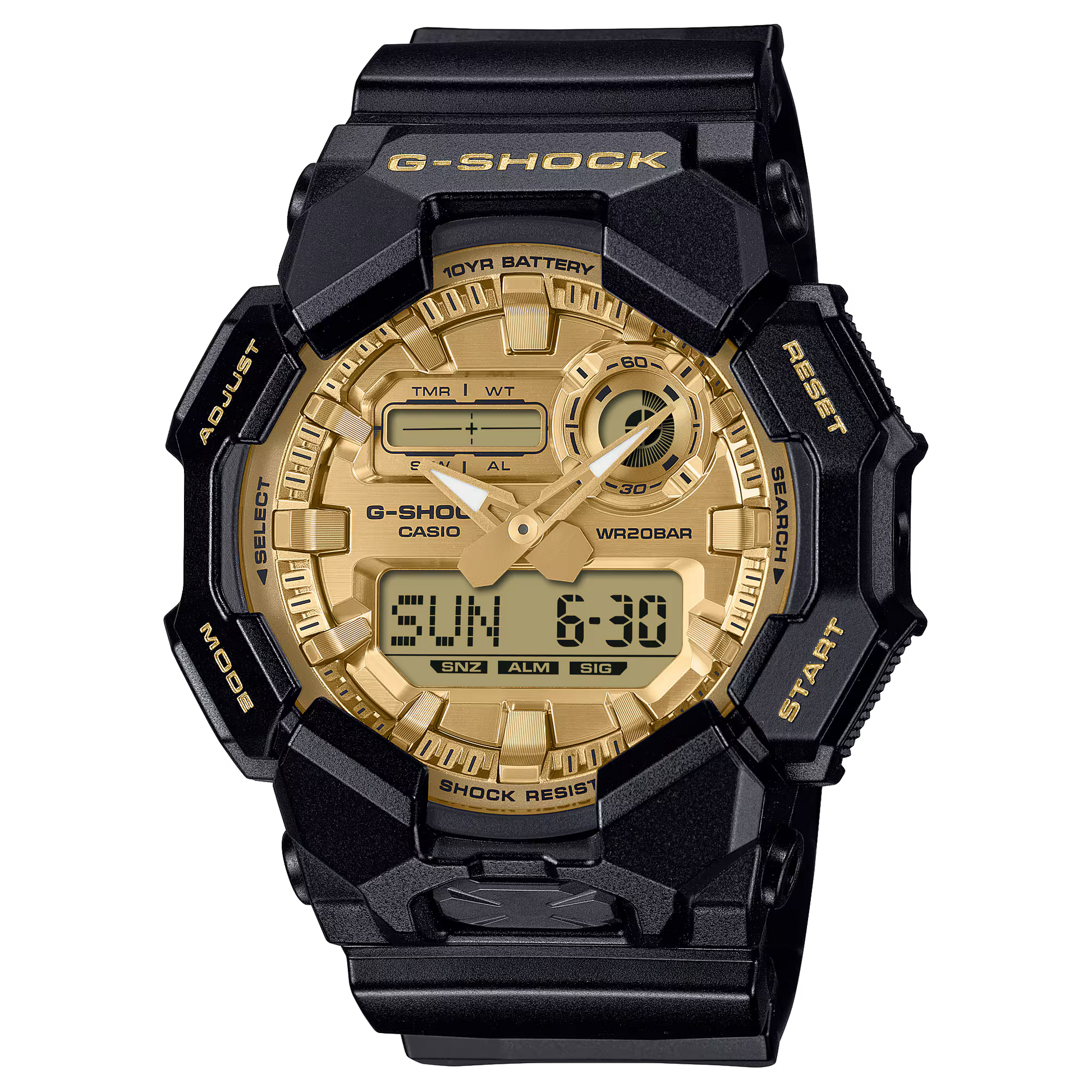 Casio G-SHOCK GA010GGB-1A9 watch with glossy black bio-based resin case and band, gold-tone vapor deposition accents, and gold mirror LCD. Large 55.1 × 51.9 × 17.5 mm Carbon Core Guard structure, shock-resistant, with mineral glass and Neobrite coating. Features include 200-meter water resistance, LED Super Illuminator, world time (31 zones, 48 cities + UTC), stopwatch, countdown timer, 5 alarms with snooze, auto-calendar, and 12/24-hour display. Powered by CR2025 battery with approx. 10-year life.