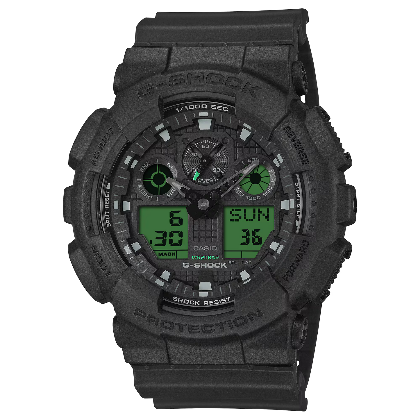 G-SHOCK GA100BEG-1A GA-100 Series analog-digital watch with black and electro green design, Shock Resistant and Magnetic Resistant resin case, amber LED light, 1/1000-second stopwatch, and 200m water resistance.