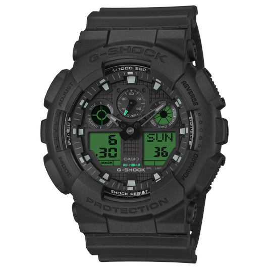 G-SHOCK GA100BEG-1A GA-100 Series analog-digital watch with black and electro green design, Shock Resistant and Magnetic Resistant resin case, amber LED light, 1/1000-second stopwatch, and 200m water resistance.