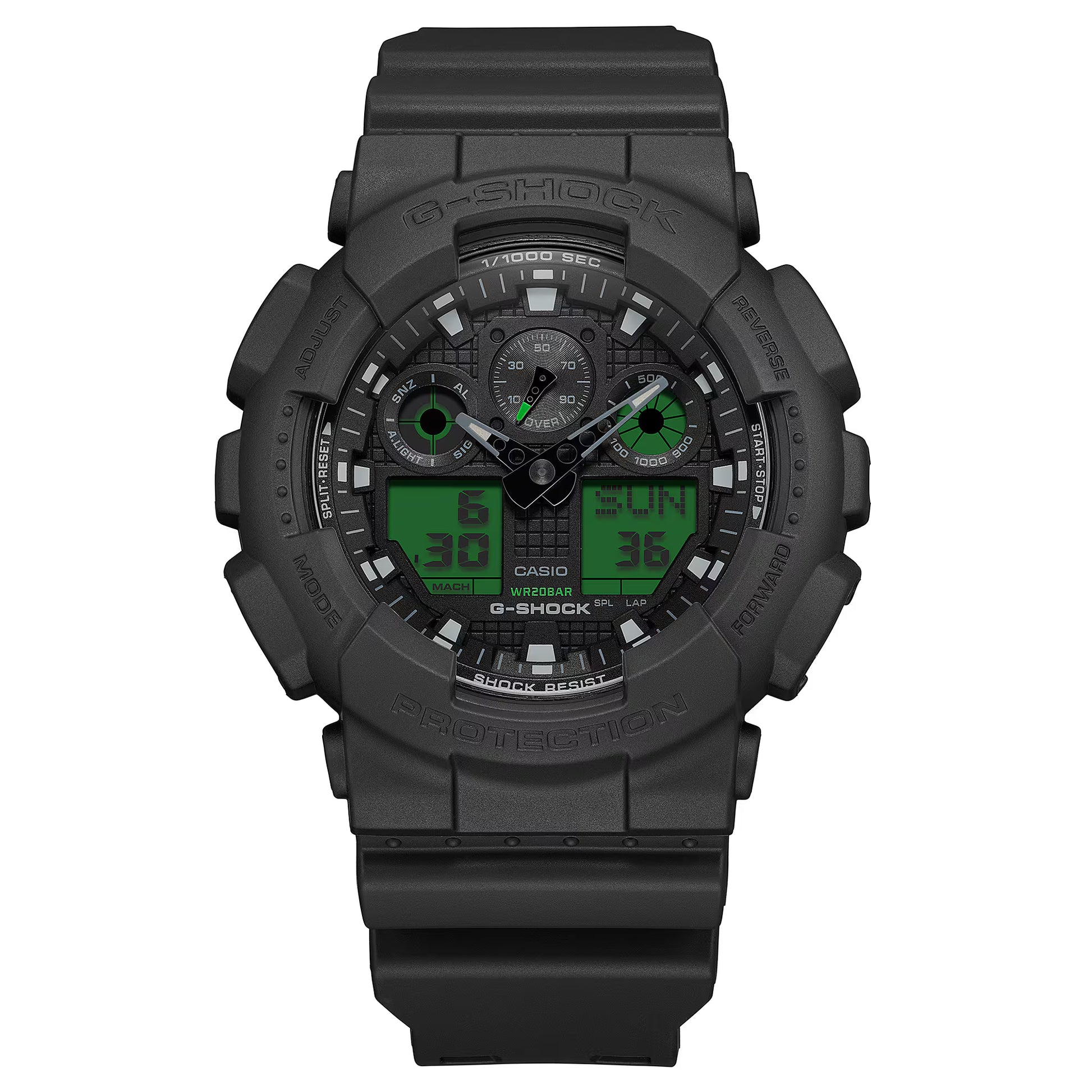 Black Casio G-Shock watch with digital and analog display on a white background