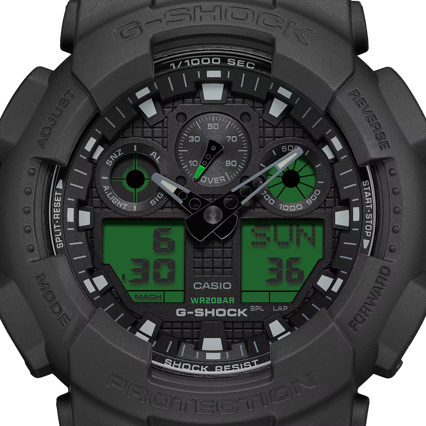 Casio G-Shock watch with black and green display on a white background