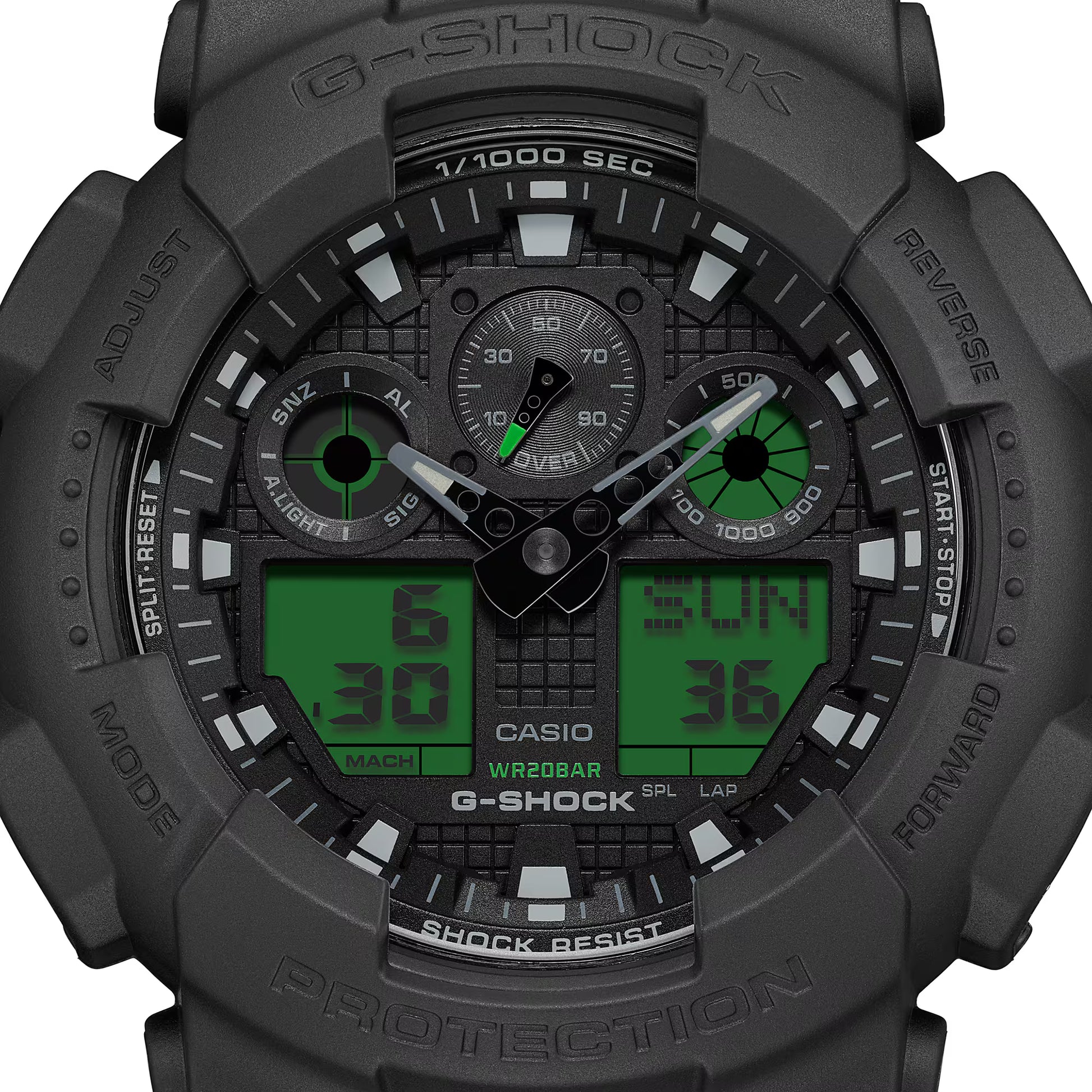 Casio G-Shock watch with black and green display on a white background