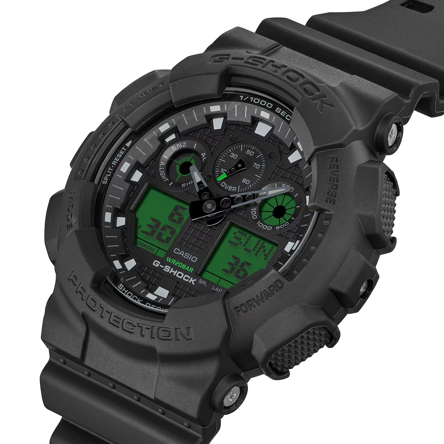 Black Casio G-Shock watch with digital display on a white background