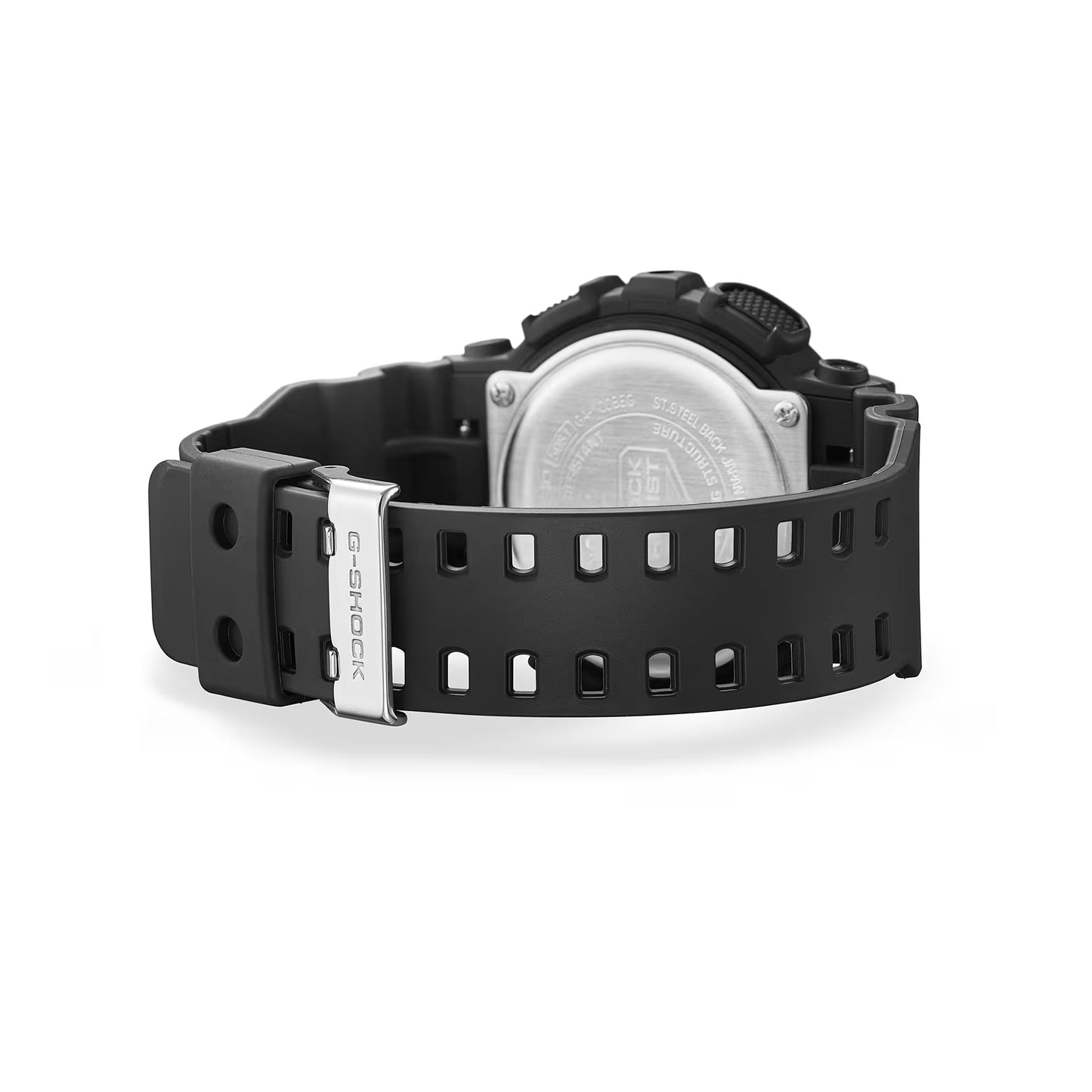 Black Casio watch with a clear face on a white background