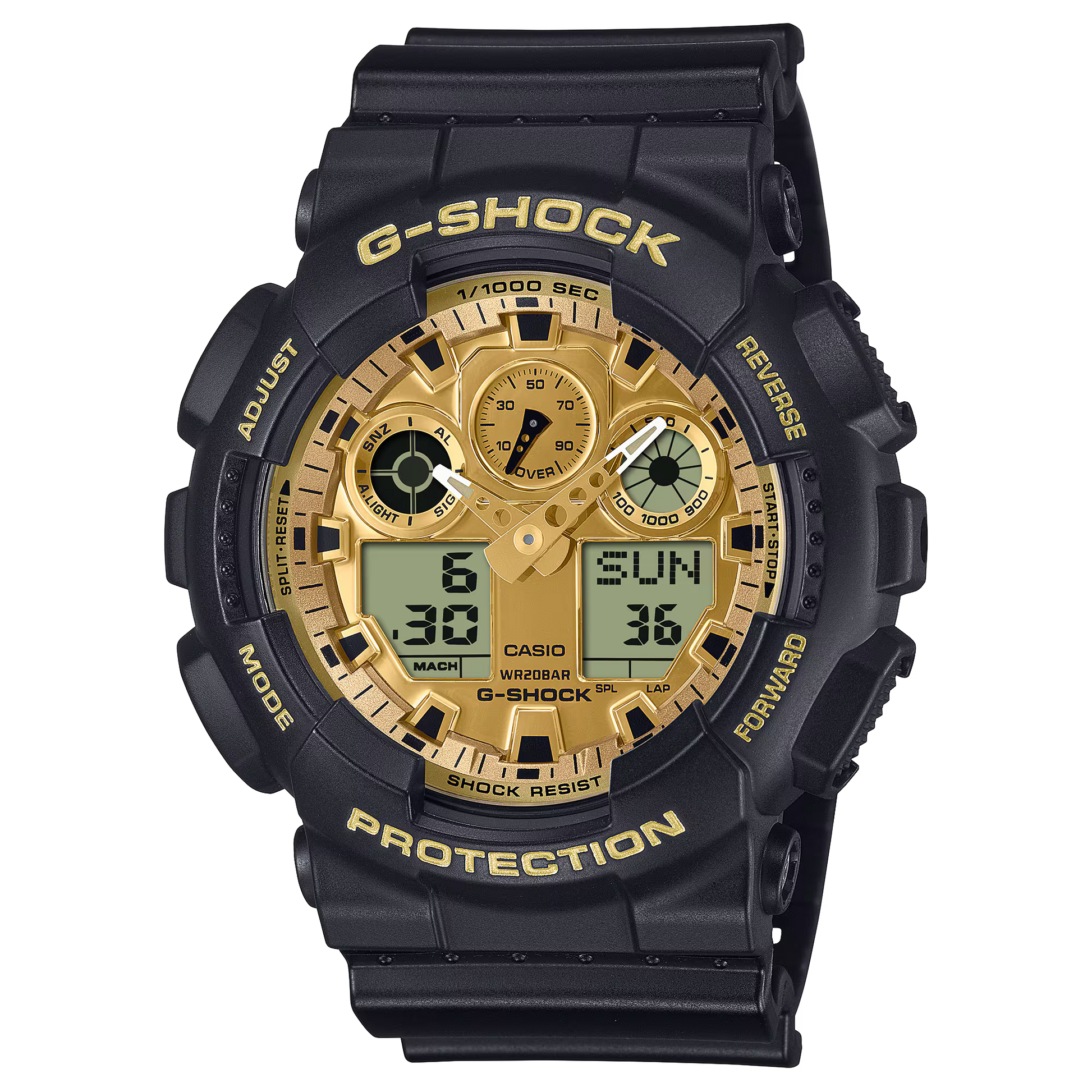 Casio G-SHOCK GA100GGB-1A9 watch with oversized 55 × 51.2 × 16.9 mm resin case, black-and-gold vapor deposition finish, and gold mirror LCD. Features shock resistance, magnetic resistance, 200-meter water resistance, and mineral glass. Functions include 1/1000-second stopwatch with speed/distance measurement, countdown timer, world time (29 zones, 48 cities + UTC), 5 daily alarms with snooze, hourly signal, full auto-calendar, and 12/24-hour display. Amber LED backlight with selectable duration. Powered by 