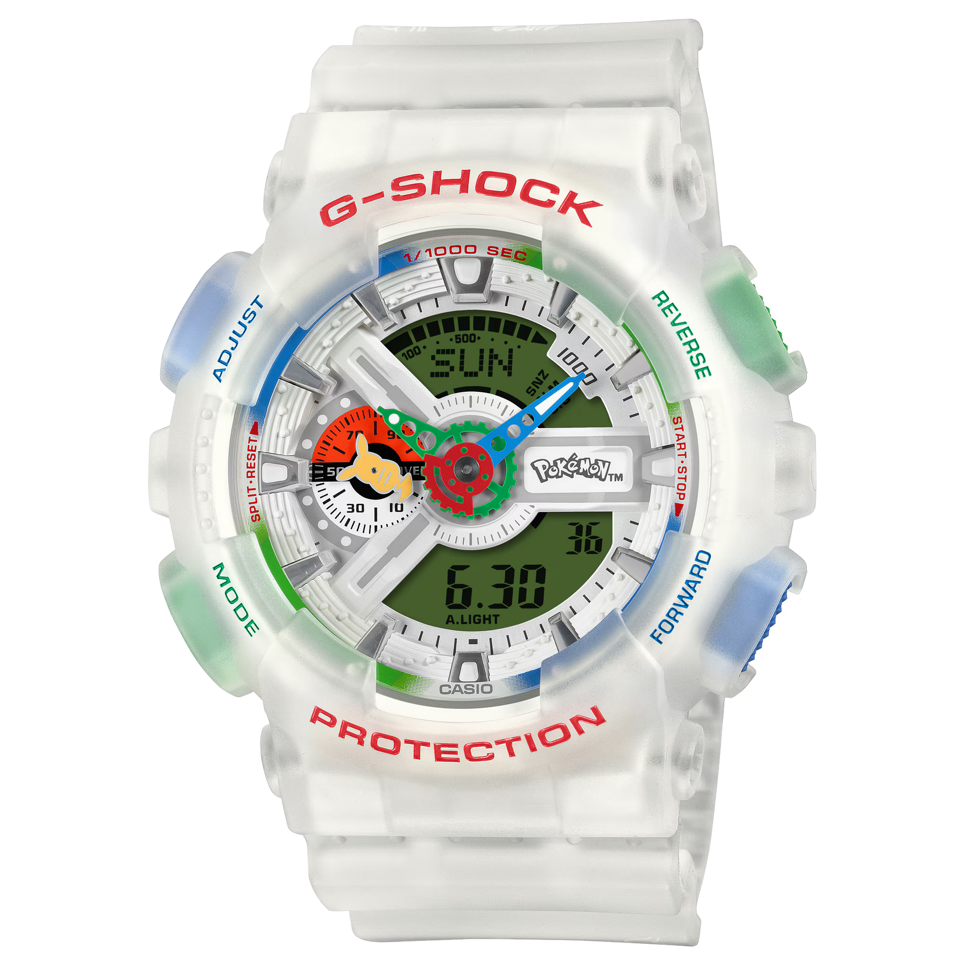 G-SHOCK GA110PKM-7A Pokémon collaboration watch with white 110 Series analog-digital design, Poké Ball-inspired dial, Pikachu indicator hand, 30 Pokémon band artwork, and 200m water resistance.