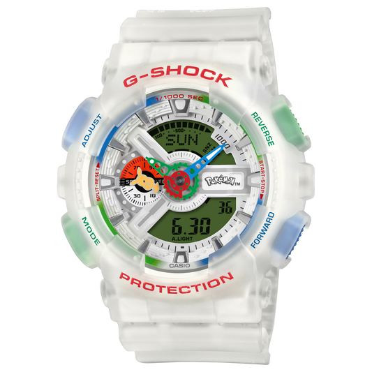 G-SHOCK GA110PKM-7A Pokémon collaboration watch with white 110 Series analog-digital design, Poké Ball-inspired dial, Pikachu indicator hand, 30 Pokémon band artwork, and 200m water resistance.