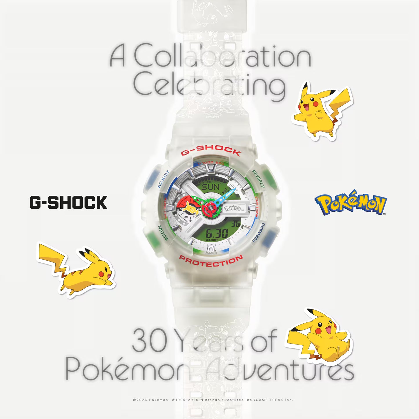 G-Shock watch collaboration with Pokémon celebrating 30 years of adventures on a white background.