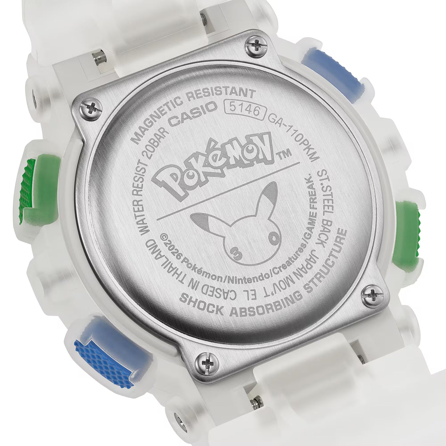 Back view of a Casio watch with Pokémon branding on a white background