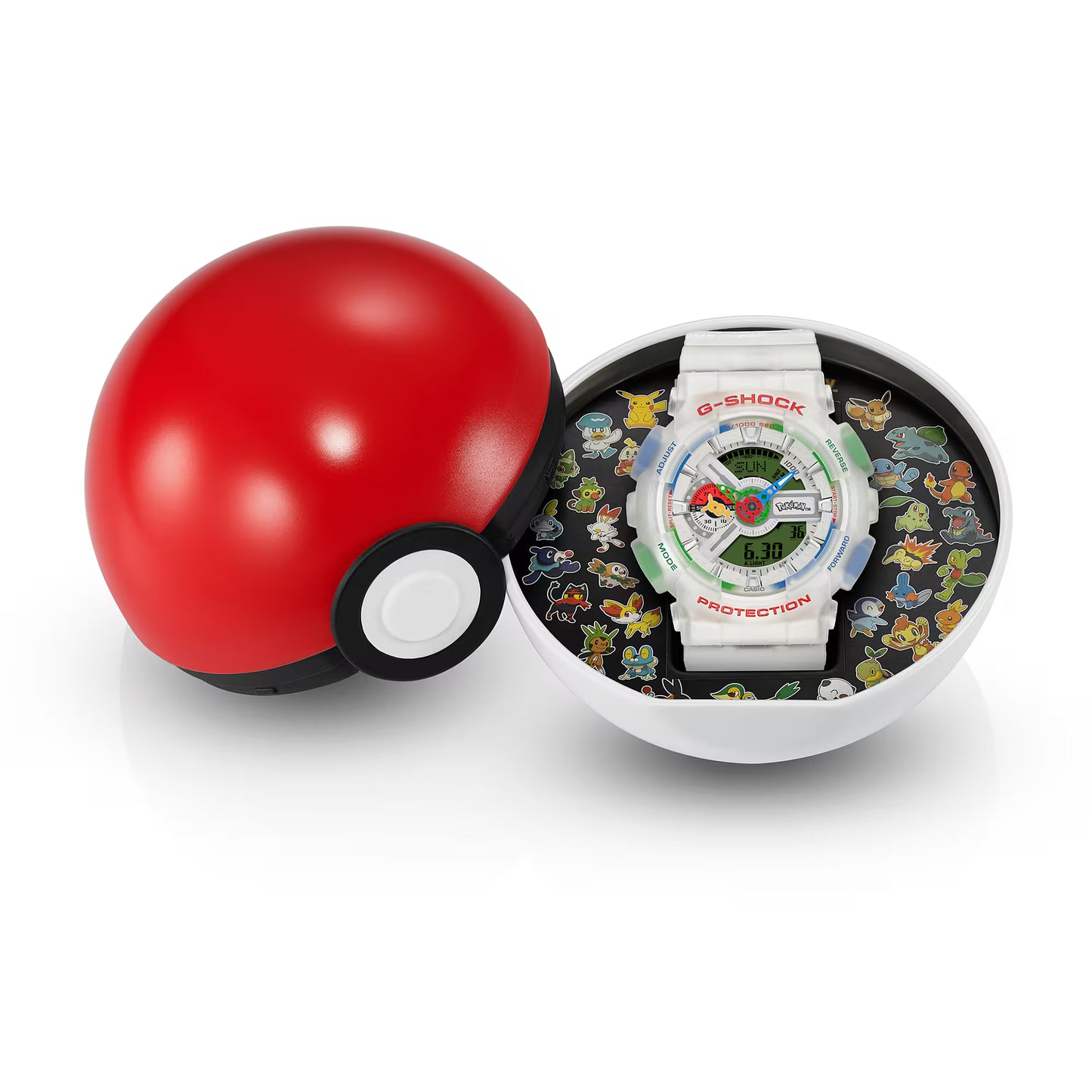 G-Shock watch with Pokémon designs in a display case next to a red Poké Ball.