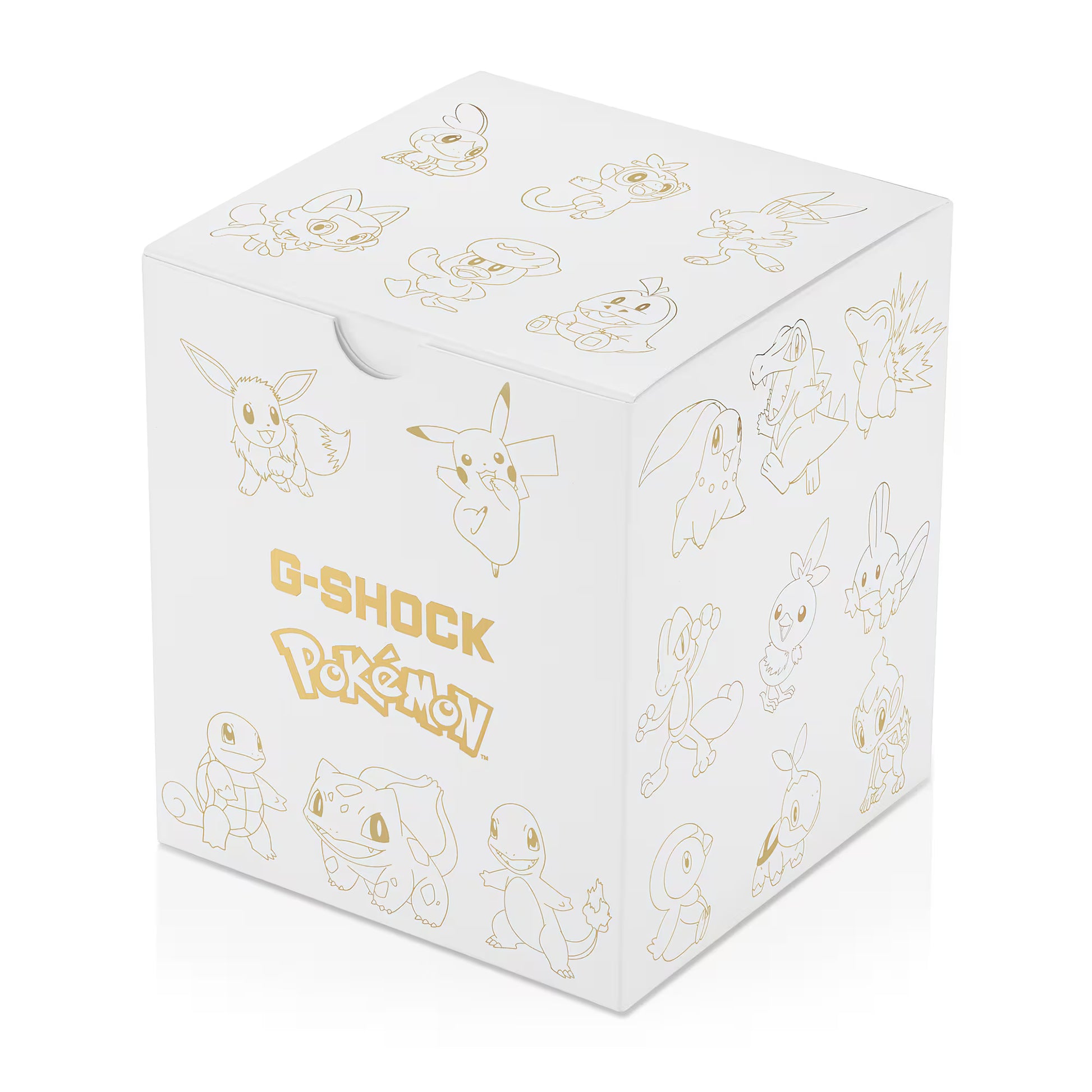 G-Shock Pokémon watch box with gold character illustrations on a white background