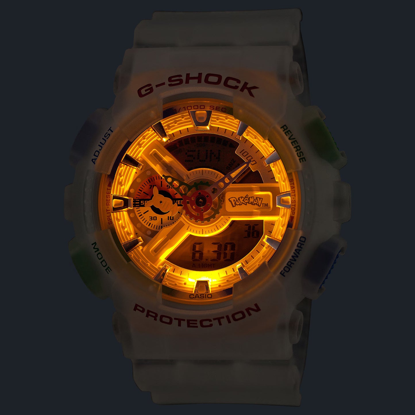 G-Shock watch with glowing face on a dark background